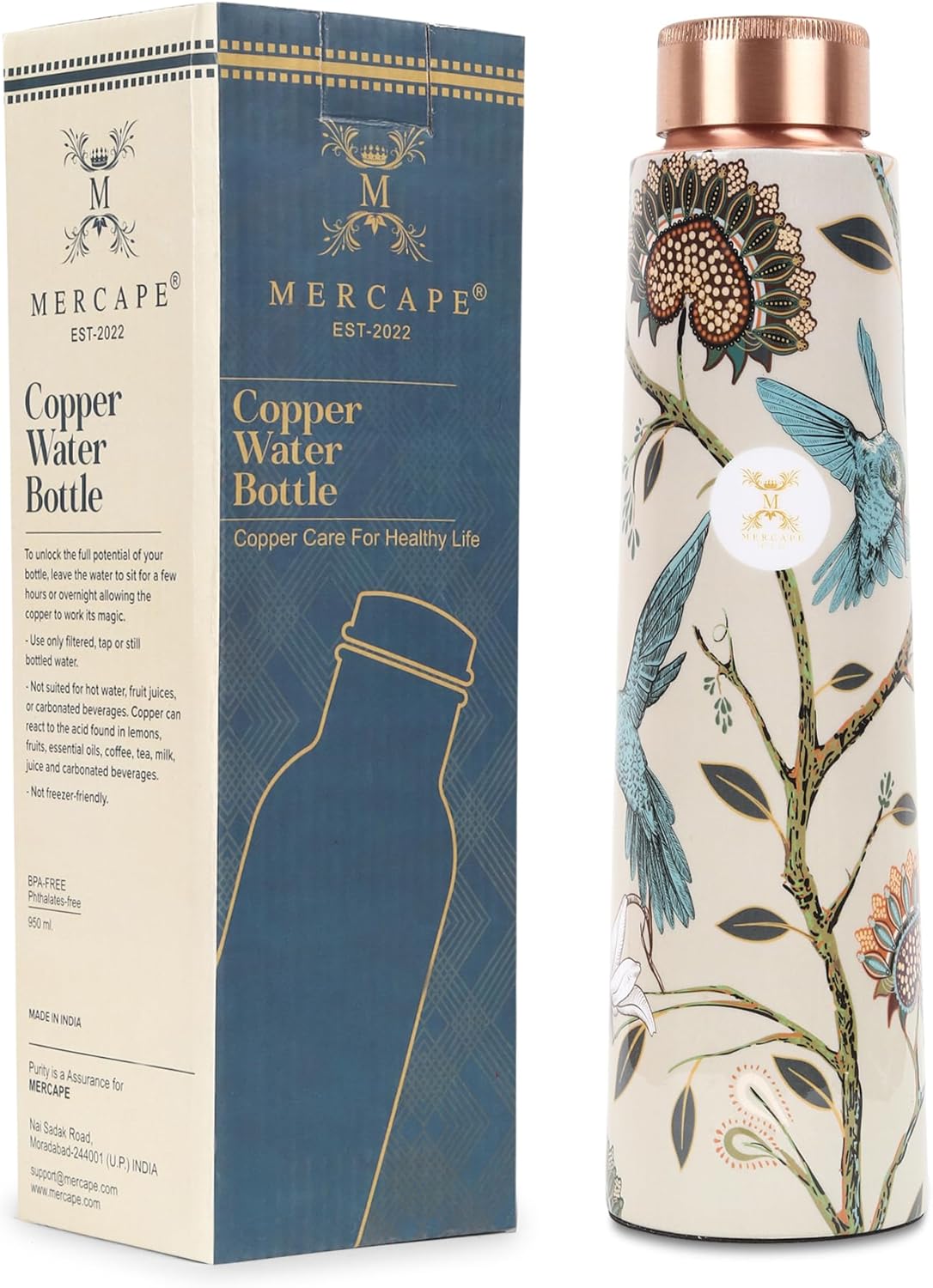 Copper Water Bottle A Handmade Ayurvedic Enameled Print Pure Copper Water Bottle For Drinking - Increase Your Water Consumption, and Experience Immediate Health Benefits 900ml