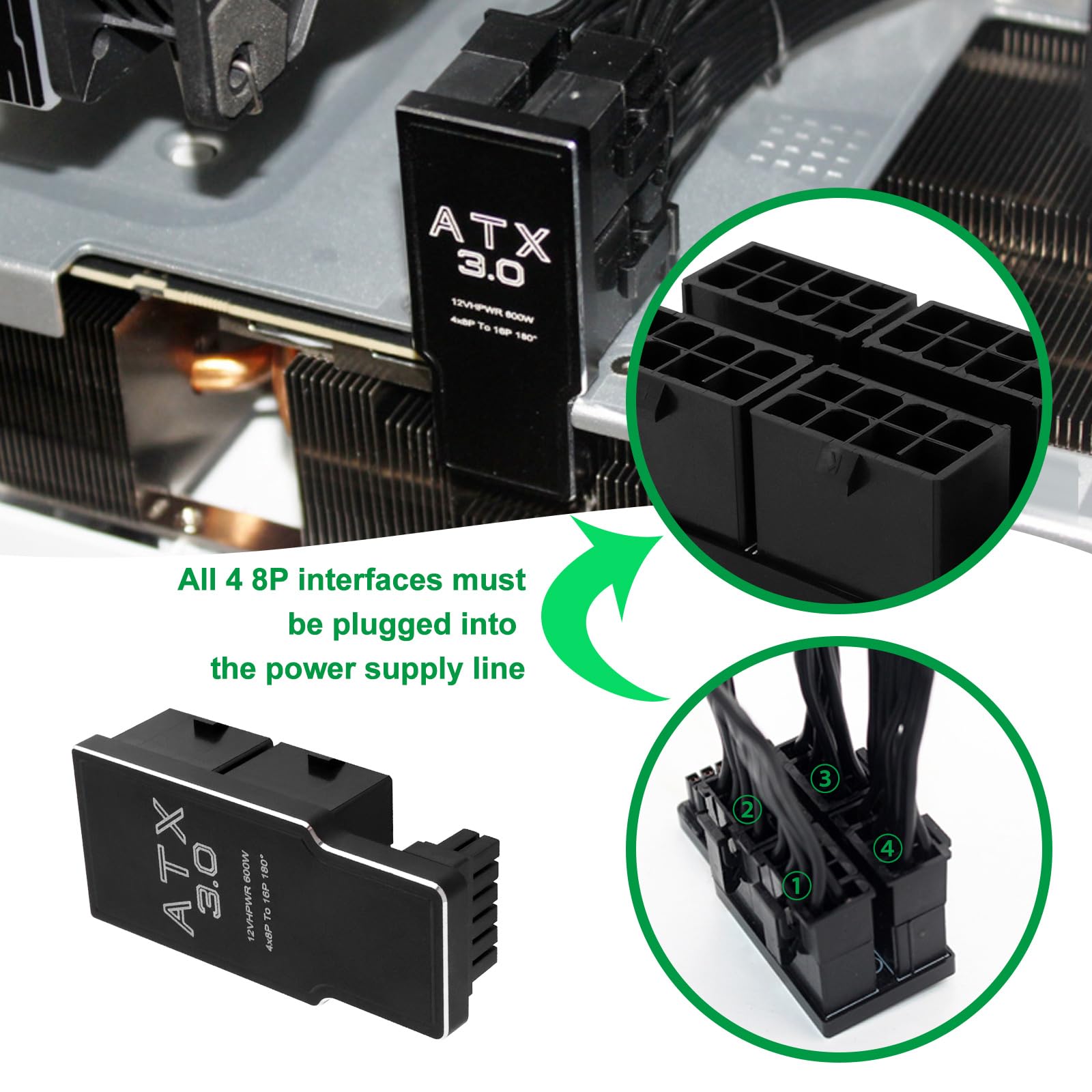Adaptateur Connecteur D'alimentation GPU 12VHPWR 16 Broches Vers 4x PCIe 8 Broches - 600W - Angle 180° - Pour RTX 4090, 4080, 4070 Ti (Type A) - Compatible NVIDIA FE, MSI, Gigabyte AORUS