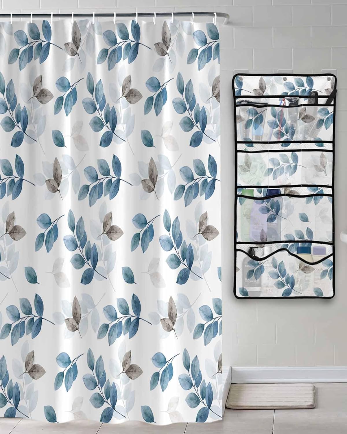 Decorative Shower Curtain Sets Thanksgiving Fall Fabric Shower Curtains Modern Navy Blue Eucalyptus Leaves Textured White Mesh Shower