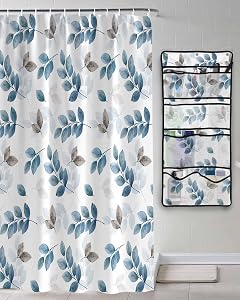 Decorative Shower Curtain Sets Thanksgiving Fall Fabric Shower Curtains Modern Navy Blue Eucalyptus Leaves Textured White Mesh Shower