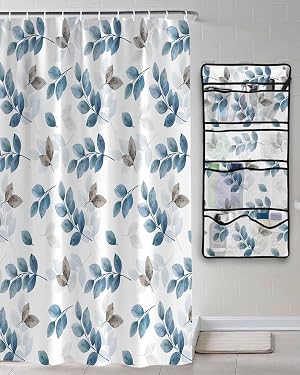 Decorative Shower Curtain Sets Thanksgiving Fall Fabric Shower Curtains Modern Navy Blue Eucalyptus Leaves Textured White Mesh Shower