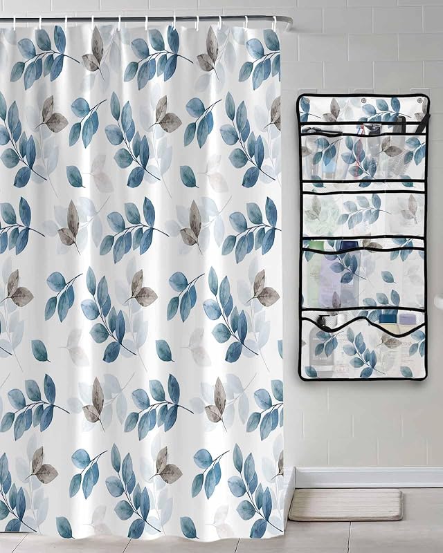 Decorative Shower Curtain Sets Thanksgiving Fall Fabric Shower Curtains Modern Navy Blue Eucalyptus Leaves Textured White Mesh Shower