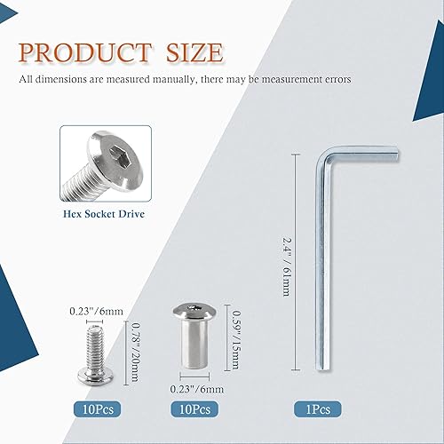 Vista 37 de 10 pares (20 piezas) M6 x 0.630 in Tornillo hexagonal con llave Allen, pernos de conector plateados para muebles, tornillos avellanados M6, tuercas