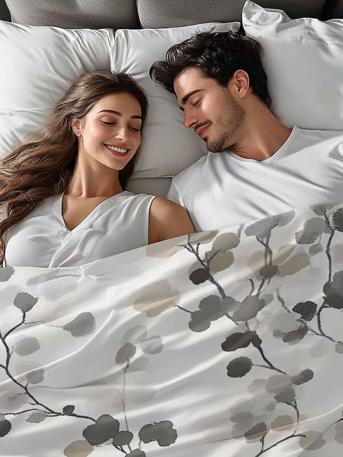 Top Sheet Full Bedding Flat Sheet Only, Gray Brown Botanical Watercolor Microfiber Bed Sheets Soft Breathable Bedding Flat Sheets, Retro Country Floral Leaves Hotel Luxury Top Sheets