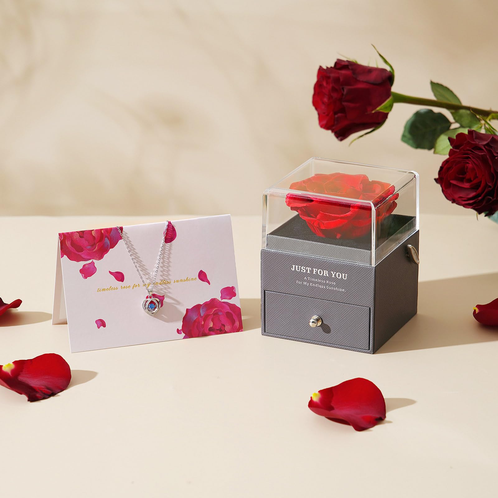 ADDWel Regalos Originales para Mujer Día de la Madre y el Sant Jordi, Rosa Eterna Natural Preservada con Collar en Caja de Música, Regalo Romántico para Novia, Esposa o Mamá Cumpleaños o Aniversario