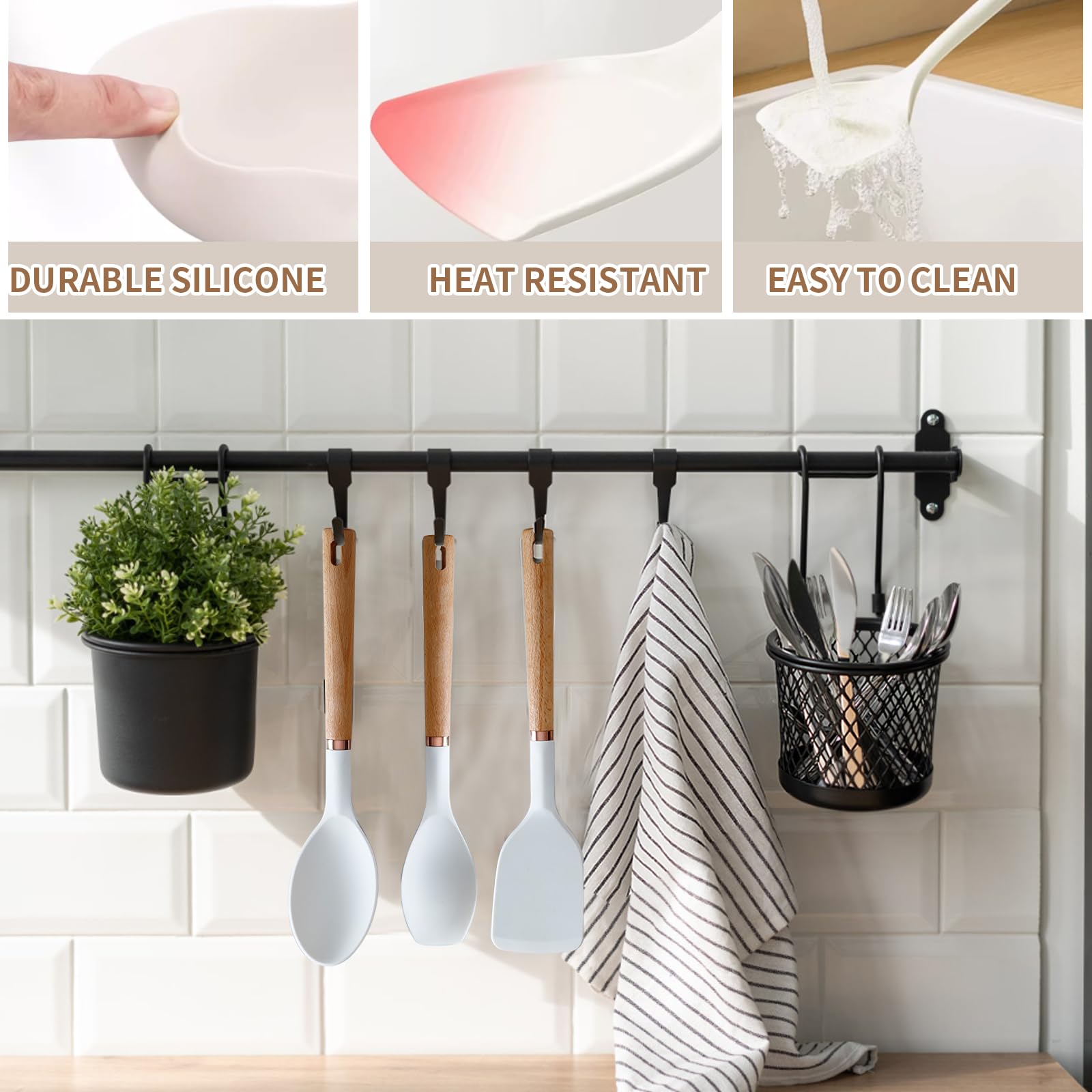 Set di 13 utensili in silicone con manico in legno, antiaderenti, lavabili in lavastoviglie, utensili da cucina senza BPA, resistenti al calore (230 °C/230 °C) padella in ceramica sicura