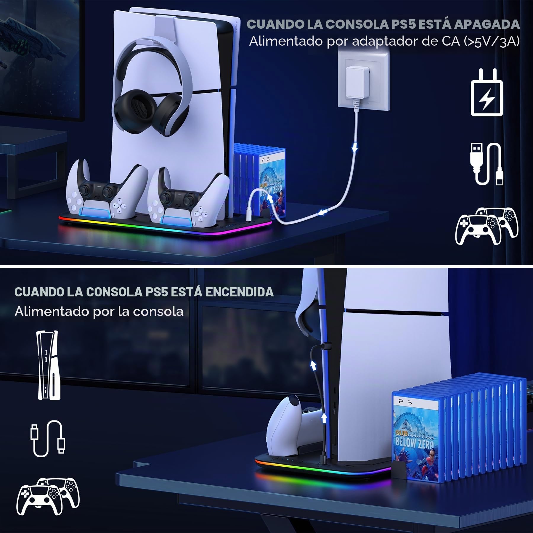HELLCOOL Soporte para PS5/PS5 Slim,Soporte con Ventilador Refrigeración/Luces RGB/Mandos de Recarga Doble/Gancho para Auriculares/15 Ranuras de Juego, Base para PlayStation 5 Disco/Digital Edición