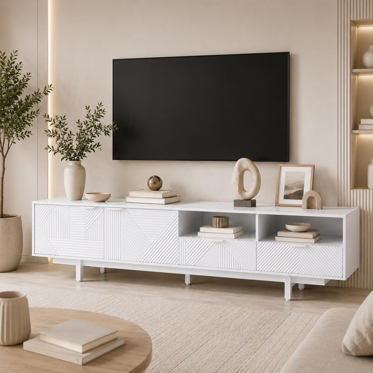 Armario bajo para TV de 200 cm de largo, con 2 puertas y 2 cajones, apto para 90 pulgadas, mesa de televisión con compartimento abierto, armario para salón, dormitorio, 200 x 40 x 51 cm, blanco