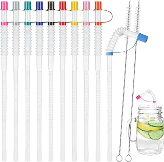 Chengu 24 Pack Bendable Straws with Straw Covers Cap 11 Inch Long Flexible Plastic Adjustable Reusable Assorted Colors with 2 Cleaning Brushes for Jumbo Mugs Water Bottle