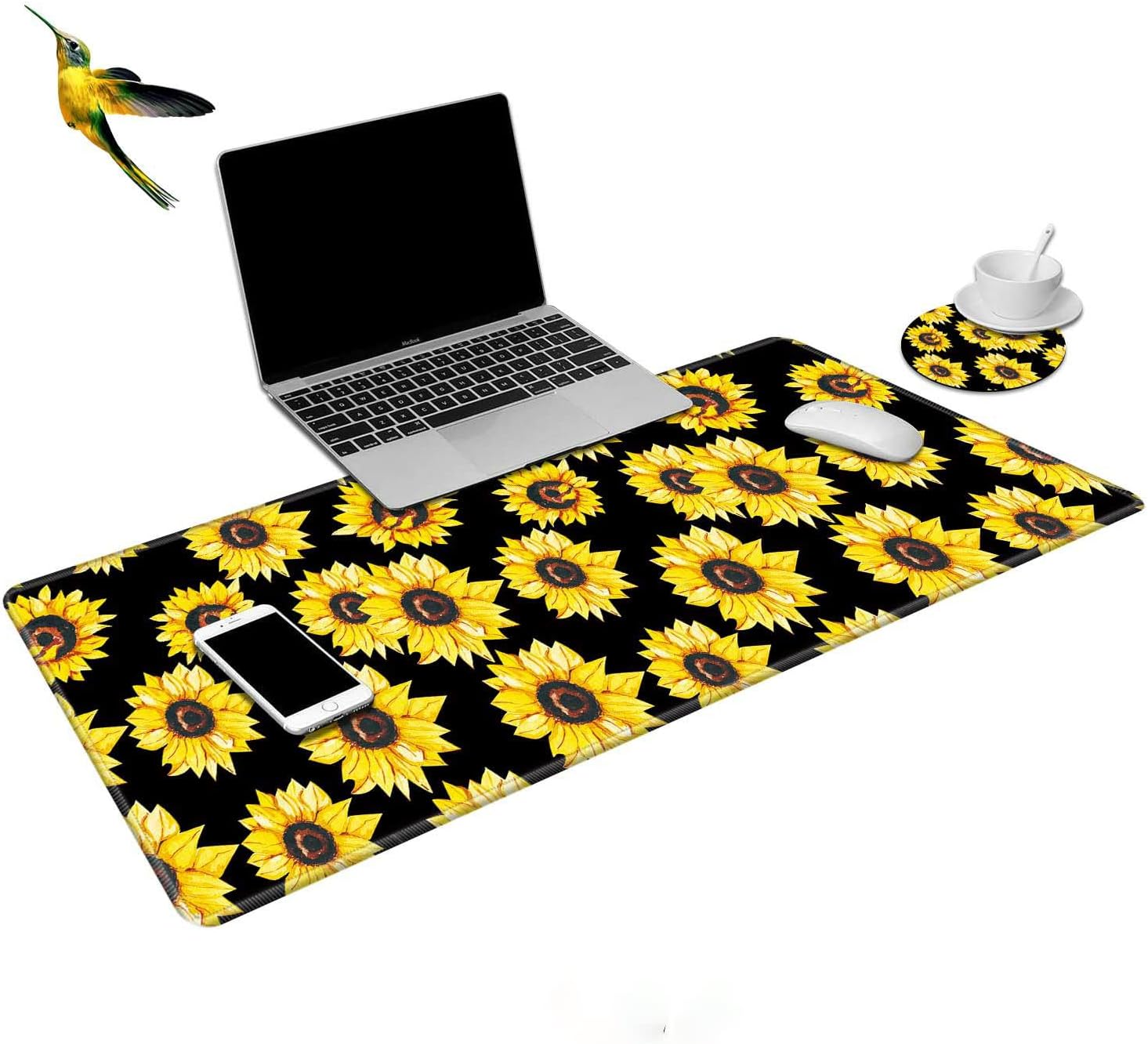 ROSSY Extended Gaming Mouse Pad Desk Mat Keyboard Pad,Black Sunflower Design Large XXL Mousepad (31.5x11.8inch) for Work Gaming Office Home + Coffe Cup Coaster and Cute Stickers