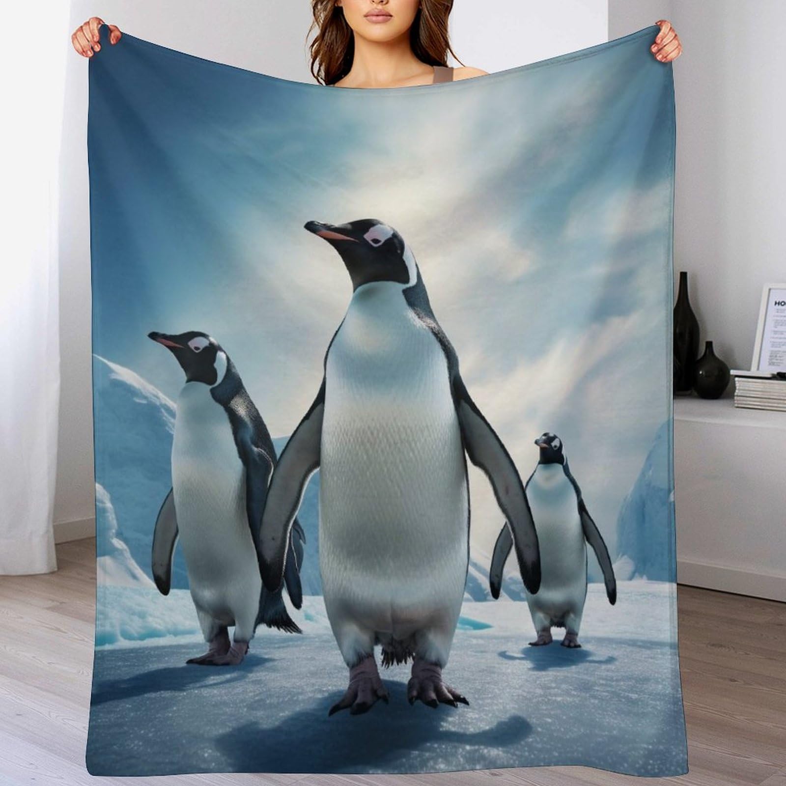 Couverture pingouin en flannel 130x180cm chaude et douce pour jeté de canapé et lit