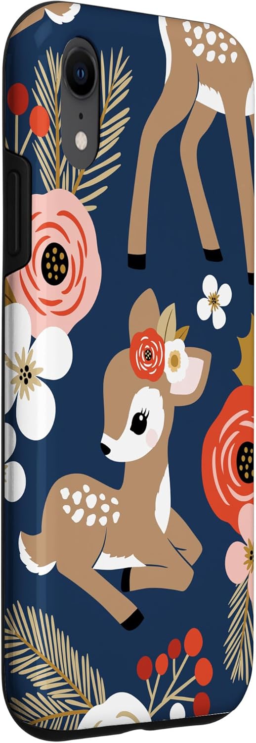 iPhone XR Fall Fawn Deer Floral Navy Brown Pink White Red Berries Fun Case