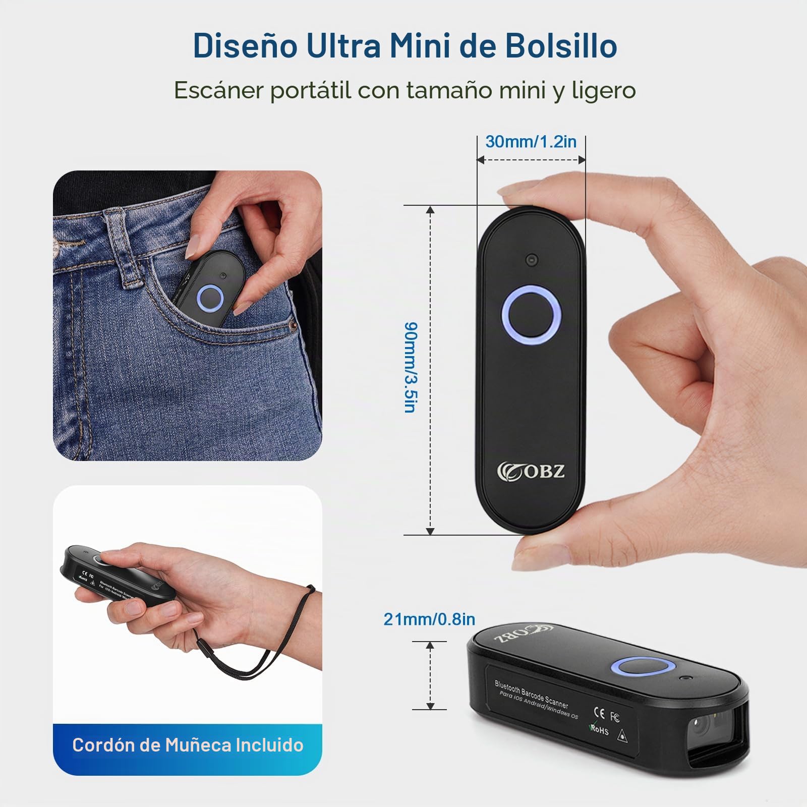 OBZ Lector de Código de Barras y QR Inalámbrico 3-en-1 (USB/2.4G/Bluetooth), 1D 2D Escáner de Código de Barras Pistola Portátil para Inventario, Compatible con PC, Mac, Tablet, iOS y Android
