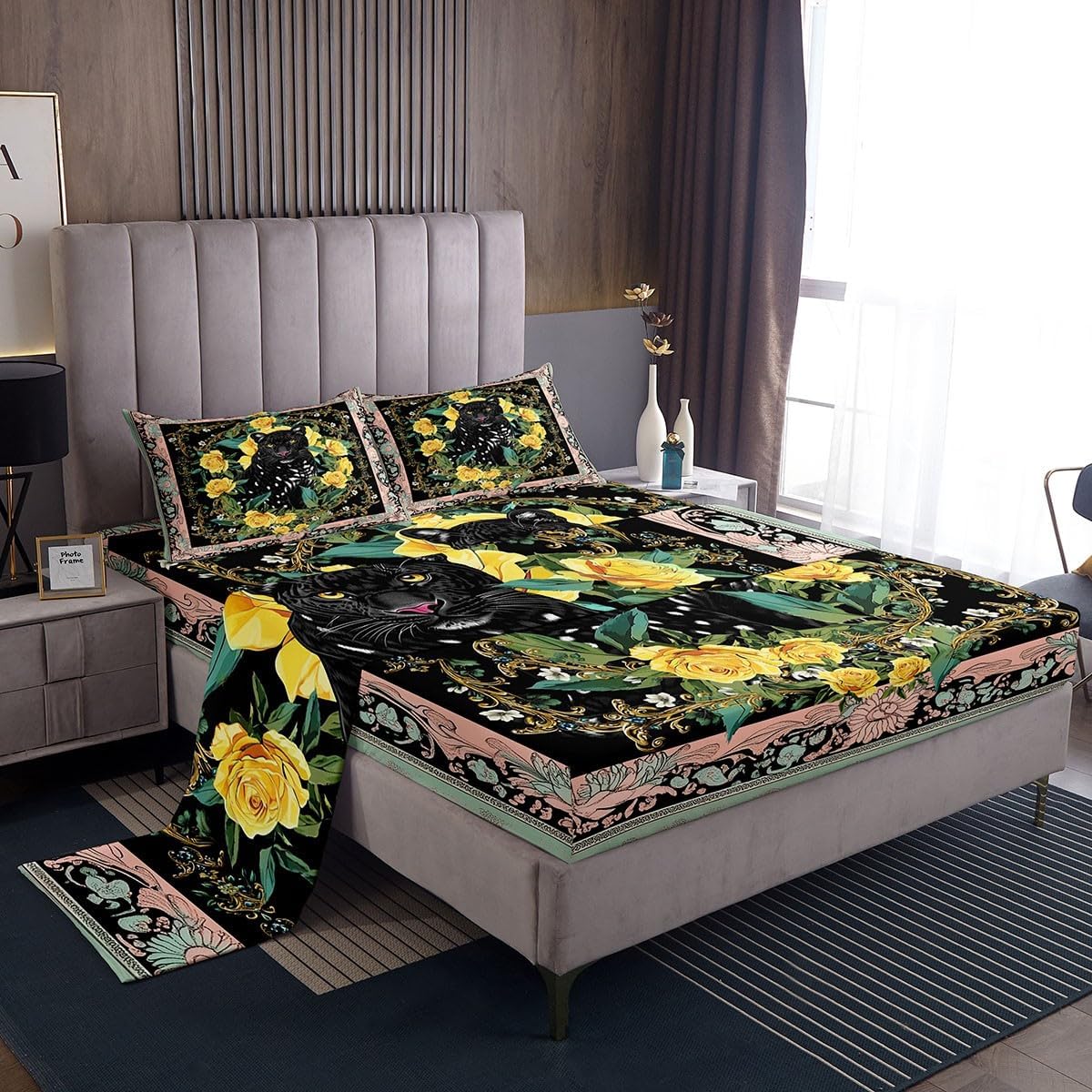 Queen Size Black Leopard Fitted Sheet Boys Girls Cheetah Wildlife Bedding Set For Kids Women Men Ultra Soft Animal Bed Sheets Set Room Decor Yellow Floral Bed Fitted Breathable Soft Lightweight