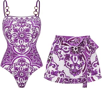 FLAXMAKER Women's One Piece Sling Classic Majolica Adjustable Bathing Suits Back Lace up Swimsuit with Skirt/ShortsPurple Short,S