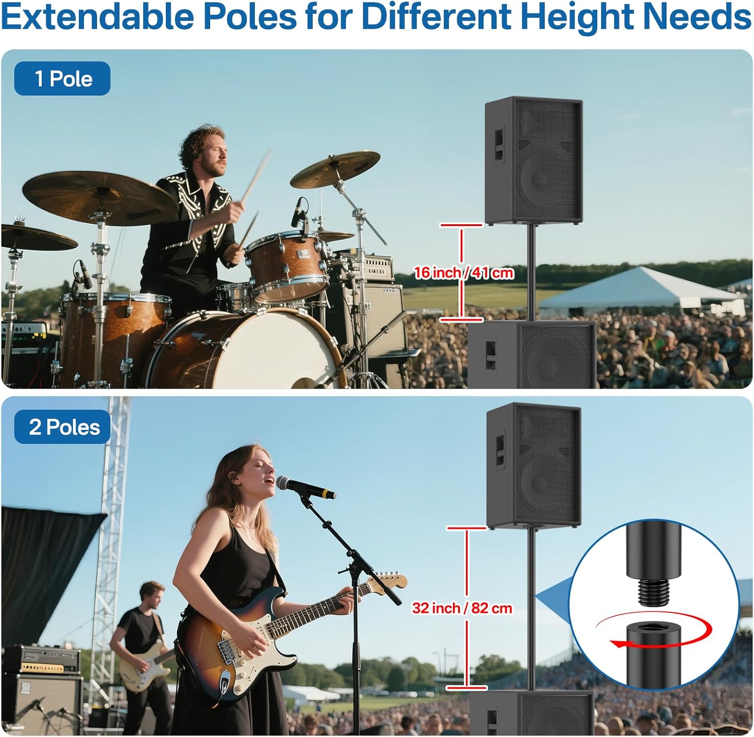 Rimous Heavy Duty Speaker Mounts for PA Speaker Wall Mount with 16 Inch Extended M20 Pole Mount for PA/DJ Subwoofers