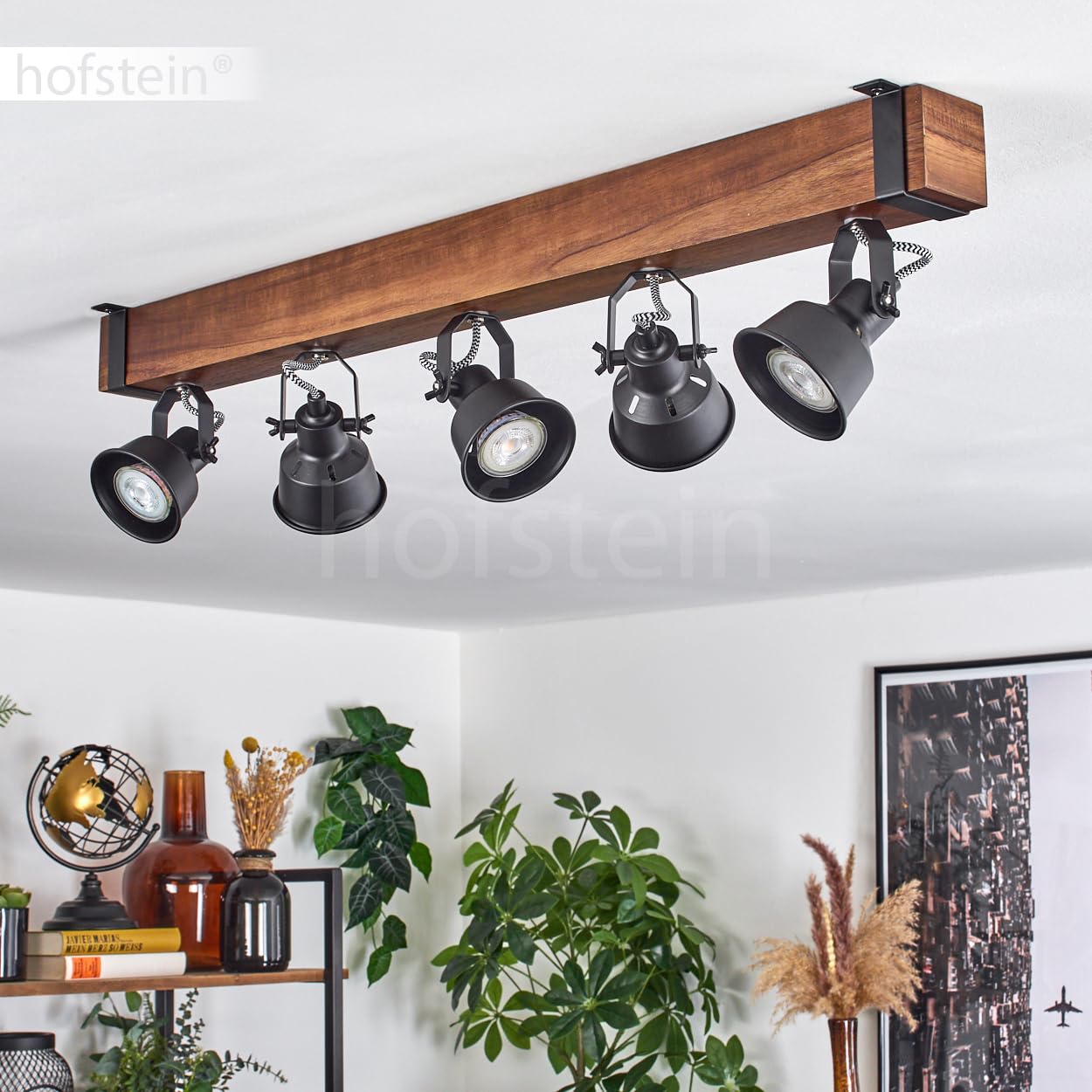HOFSTEIN Deckenleuchte Safari, verstellbare Deckenlampe aus Metall/Holz in Schwarz/Natur, Leuchte im Industrial/Retro/Vintage-Design, Holzbalken, 5 x GU10, Wohnzimmer, Esszimmer, Schlafzimmer, Küche