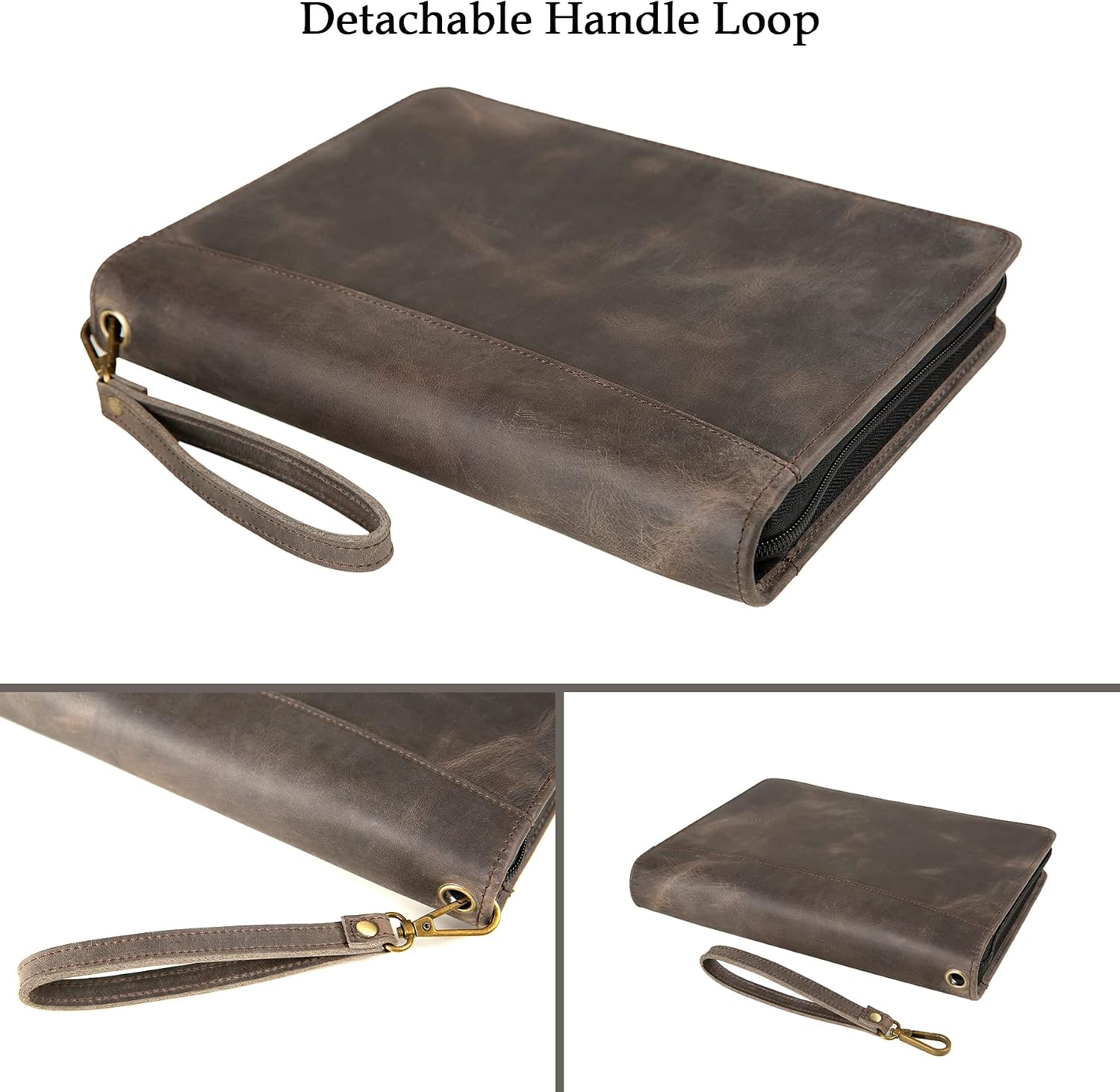 A5 Genuine Leather Portfolio Notebook Binder - 6 Ring Refillable Planner With Pockets (Standard, Grey)