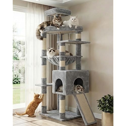 Heybly Heavy Duty Cat Tree, 64.2-Inch Tall Tower for Large Indoor Cats with Widened Structure, Cat Furniture with Big Platforms, Extra-Large Hammock, Sisal Scratching Posts & Board, Light Gray HCT027W