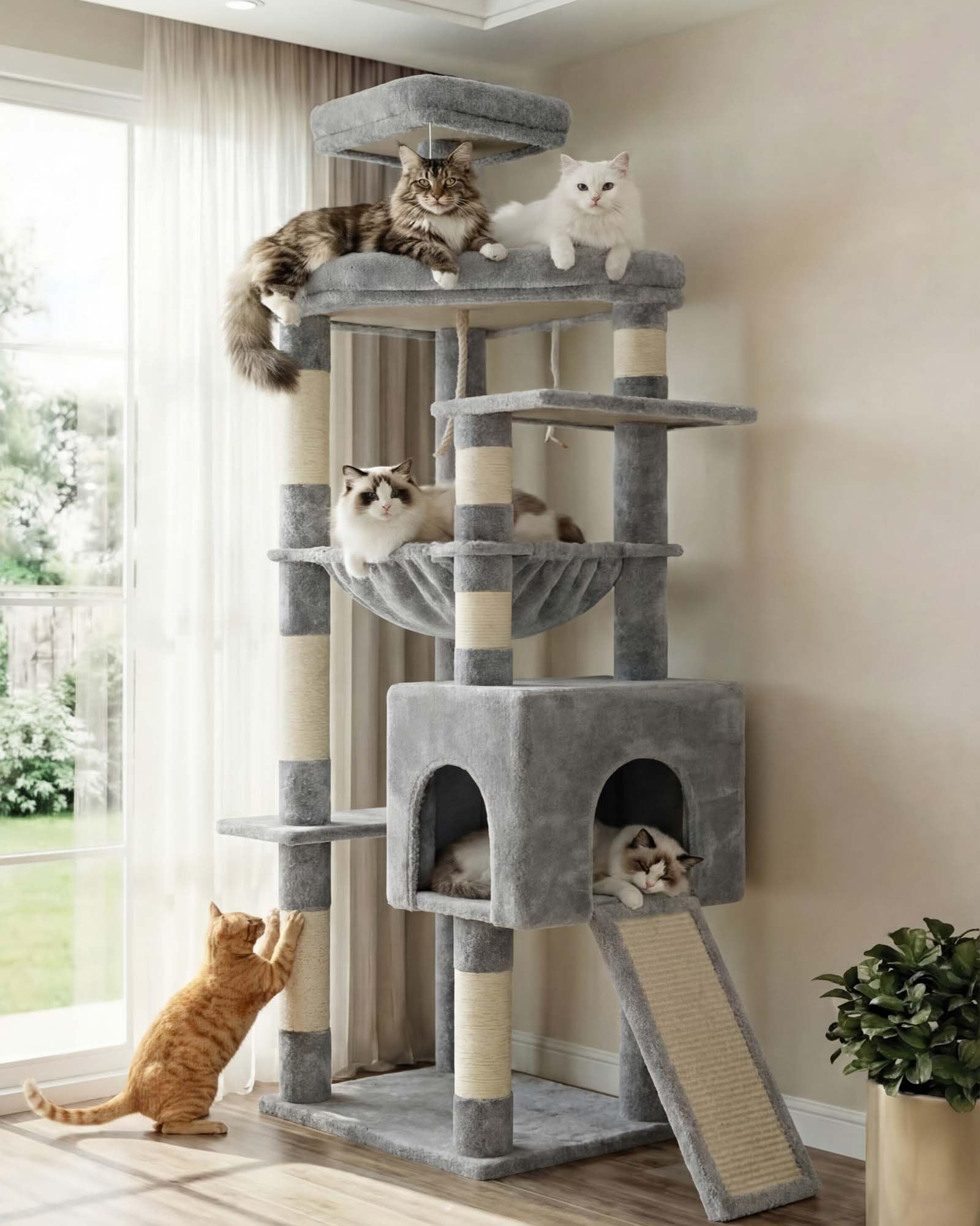 Heybly Heavy Duty Cat Tree, 163cm Tall Tower for Large Indoor Cats with Widened Structure, Cat Furniture with Big Platforms, Extra-Large Hammock, Sisal Scratching Posts & Board, Light Gray HCT027W