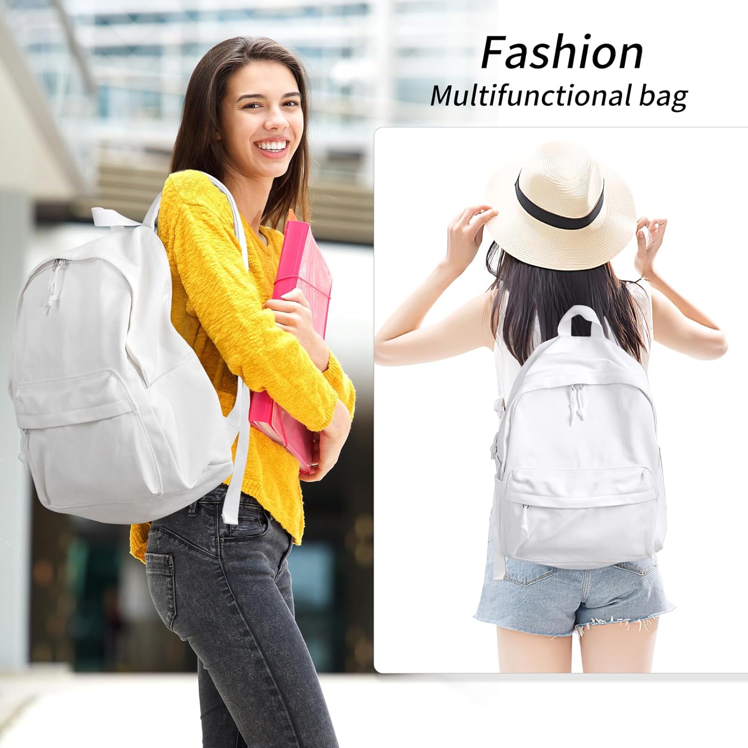 Zicac Diy Canvas Backpack Daypack Satchel Backpack (White, with Side Pocket) - Image 8