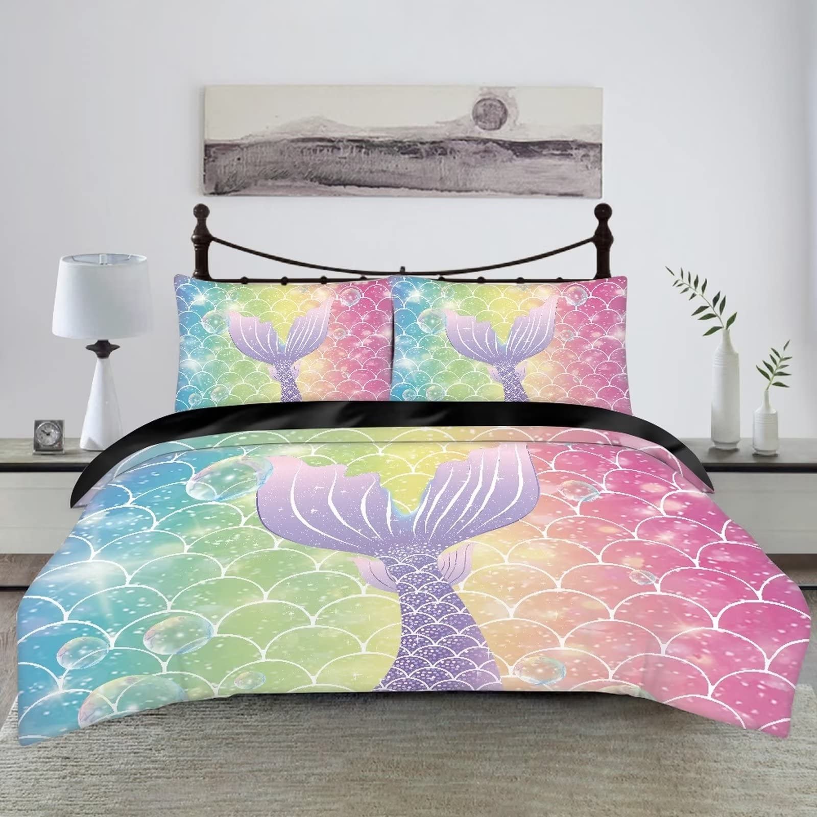 BIGCARJOB Kids Duvet Cover Bedding Set 3 Pcs Mermaid Tail Print Comforter Cover for Girls Children Teens Bedroom Decor Bedspread Cover King Size with 2 Pillow Case