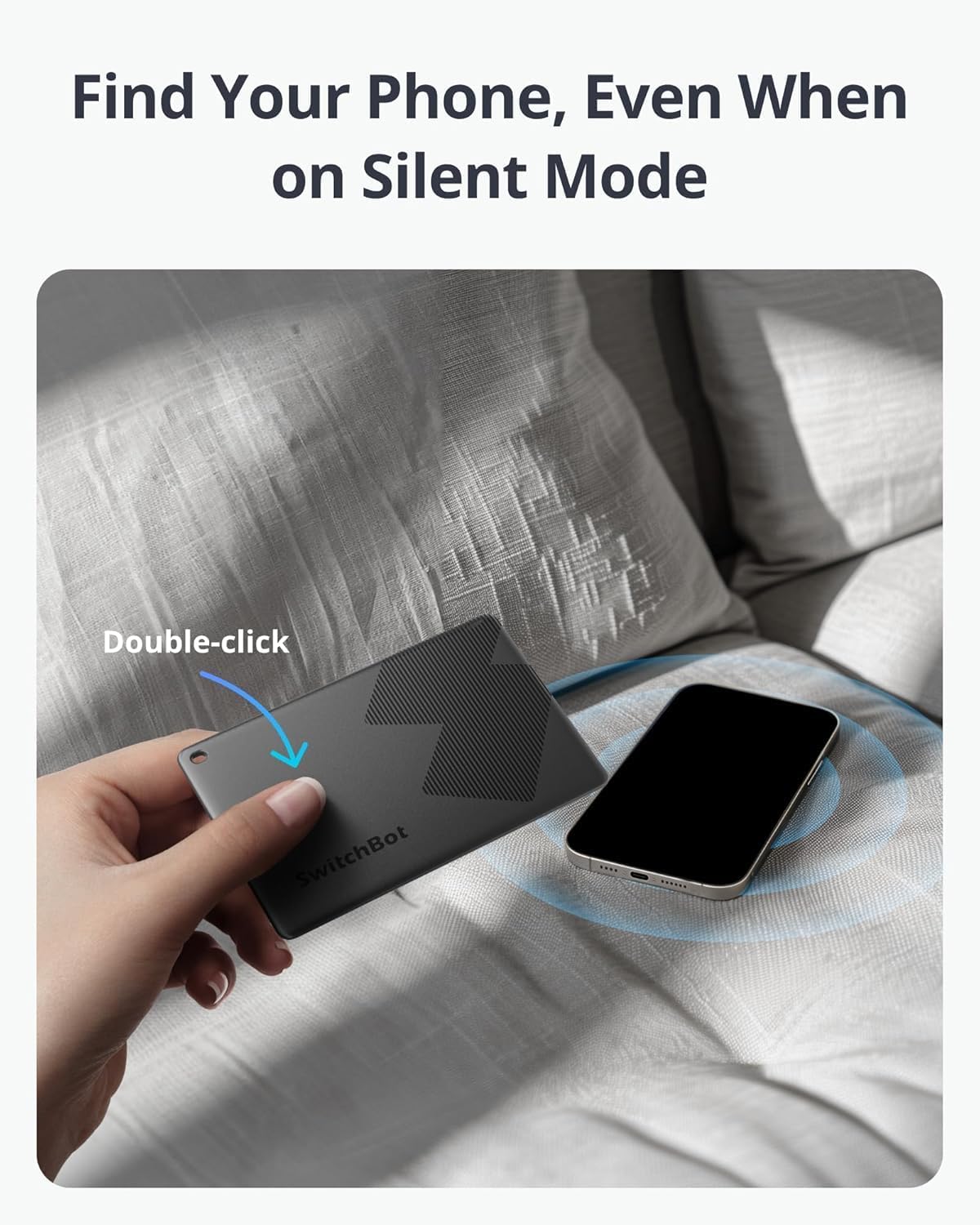 A hand holding the SwitchBot Wallet Finder Card, double-clicking its button, causing a nearby iPhone to vibrate and emit sound.