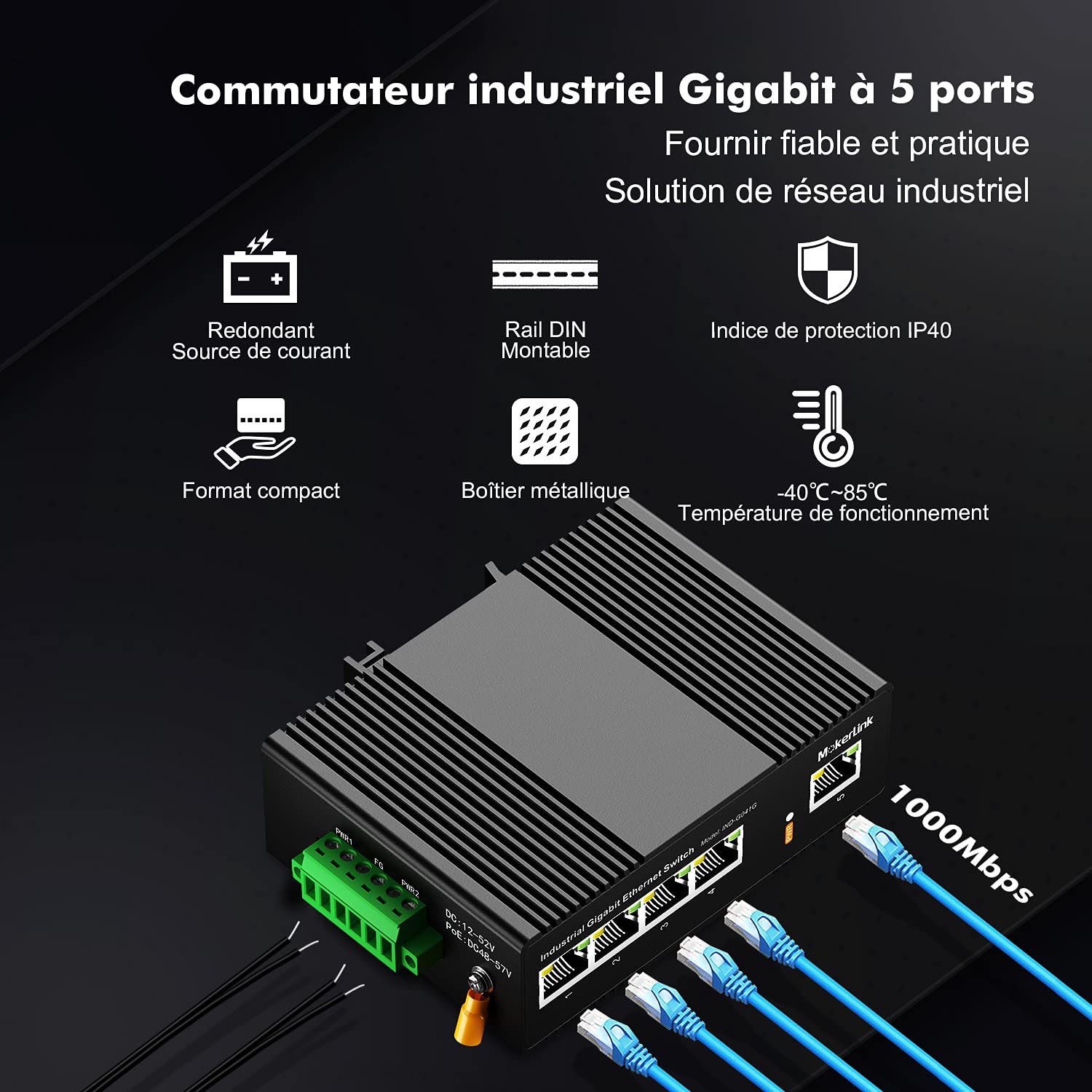 mokerlink 5 Ports Gigabit Ethernet Switch Industriel sur Rail DIN, Capacité de Commutation de 14 Gbit/s, Commutateur Réseau Non Géré Classé IP40 (-40 à 185°F), avec Alimentation