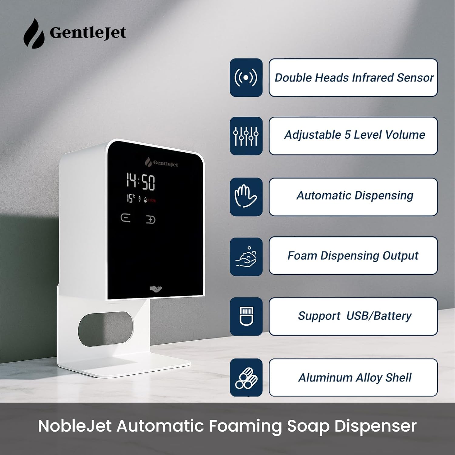 GentleJet NobleJet Automatic Foaming Soap Dispenser – Touchless Sensor, LED Display, 5 Foam Levels, Wall Mount or Countertop, Rechargable USB-C or Battery Powered, Aluminum Alloy, 480 ml Refillable