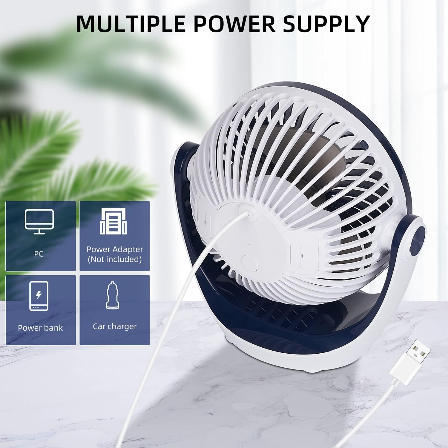 Small Desk Fan Quiet Table Fan with 3 Speeds Strong Airflow Personal Fan Adjustable Head 360°Rotation USB Portable Fan for Office Home Bedroom Desktop Bedside 5.1 Inch Blue