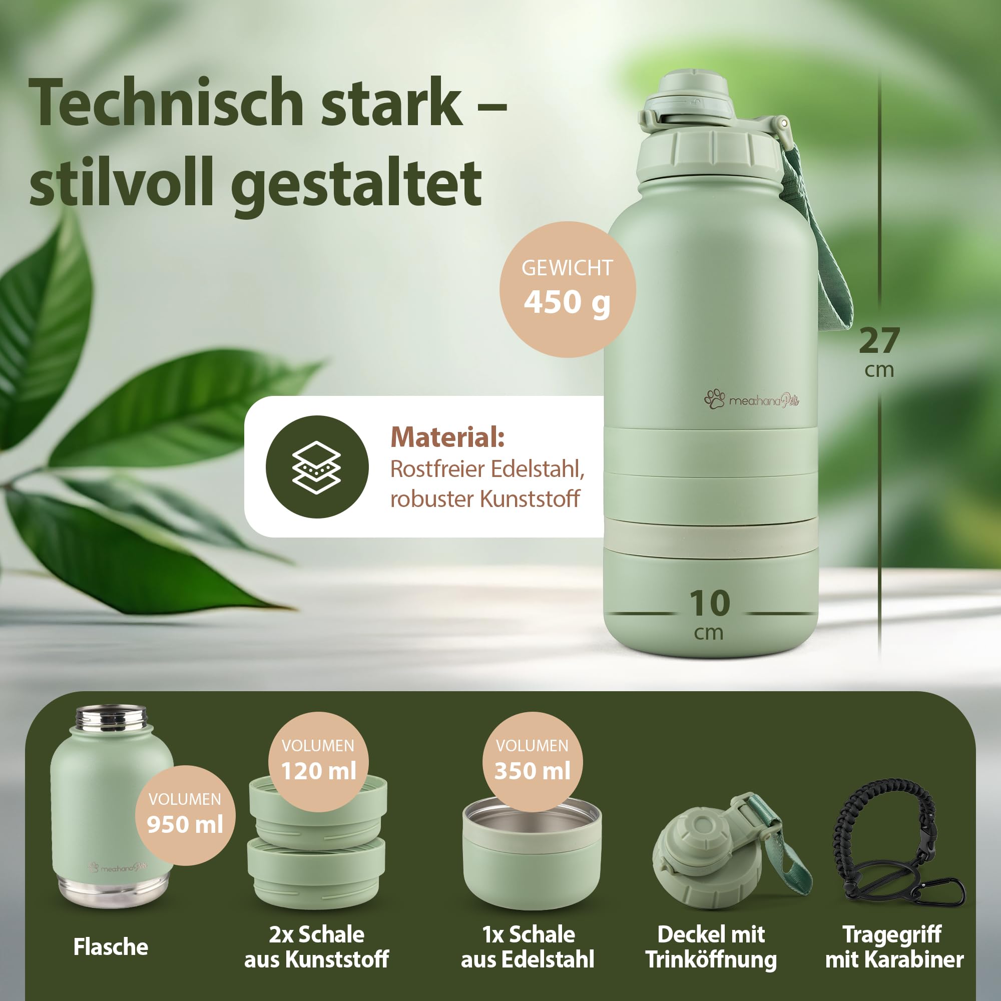 Pets Hundetrinkflasche für unterwegs 1l mit Näpfen -Ideal für Reisen,Outdoor- Isolierte Edelstahl Flasche mit Napf, Hundezubehör, Hundeflasche mit Futterbehälter - GRATIS Tragegriff