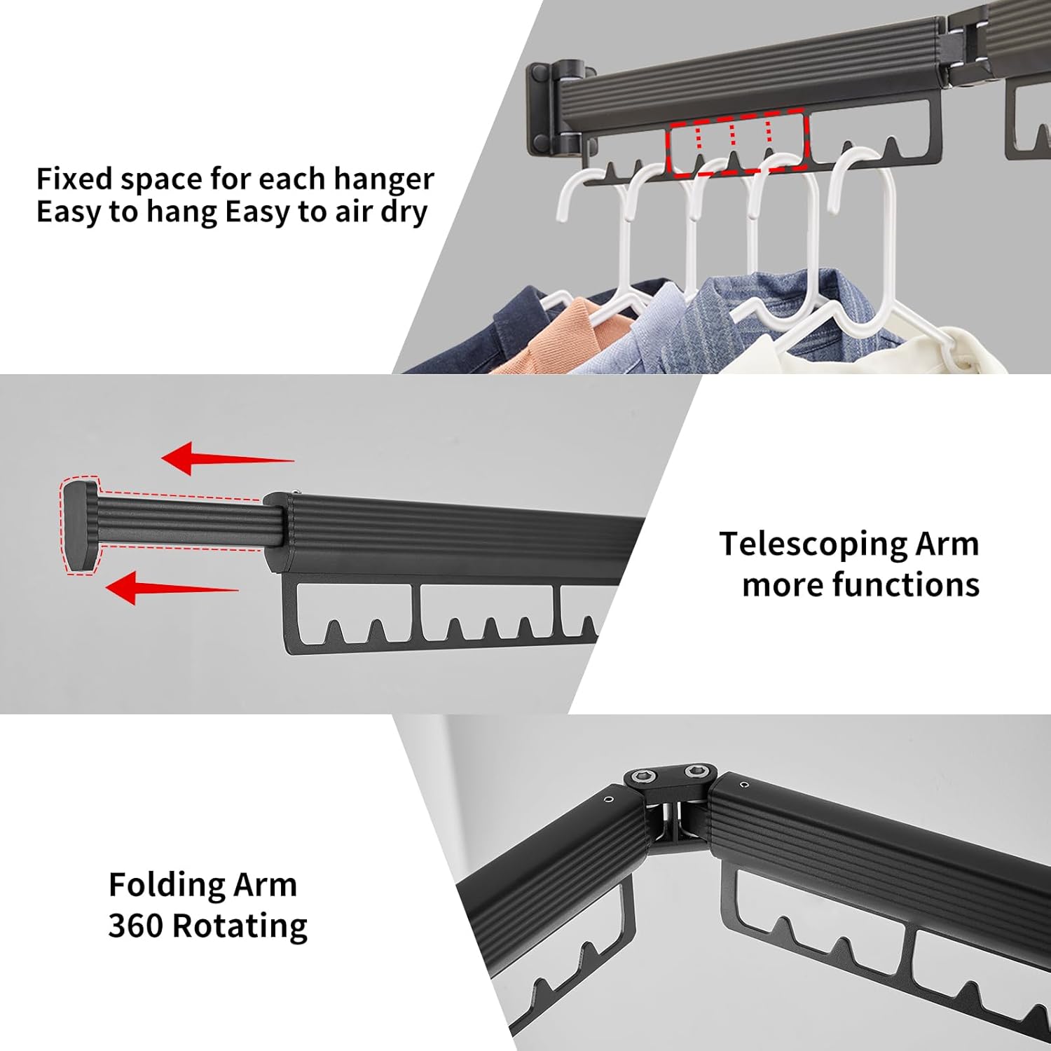 Drying Rack Clothing, Clothes Drying Rack Suitable for Laundry Room and Indoor as Outdoor, with Foldable Features, Wall Mounted Drying Rack, Retractable Clothesline with 30 Windproof Hooks (Black)
