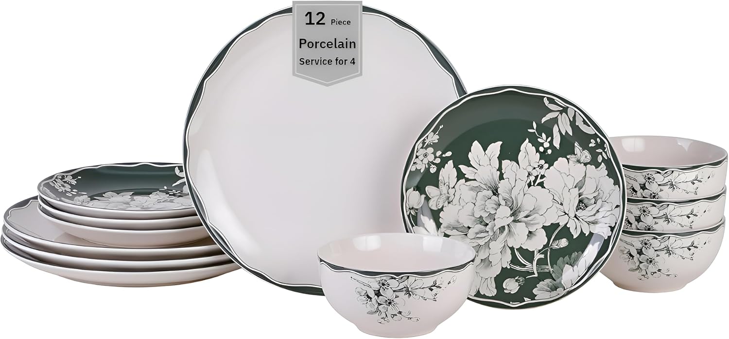 222 Fifth 12-Piece Porcelain Dinnerware Set for 4, White & Sage Green Plates and Bowls Set, Glossy Ceramic Dish Set with Detailed Floral Design, Microwave & Dishwasher Safe Dishes for Dining, Brittany