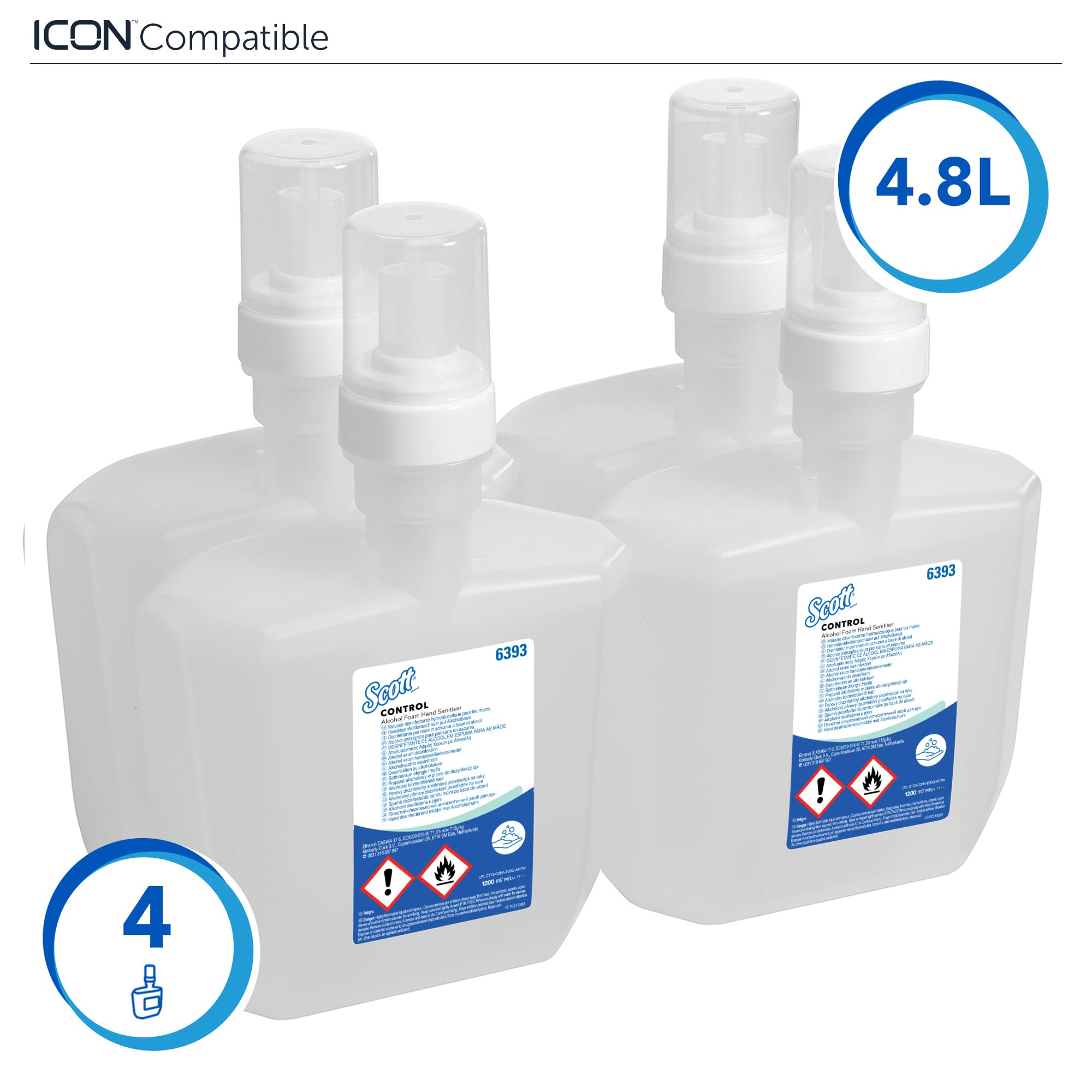 Scott Control Handdesinfektionsschaum auf Alkoholbasis 6393 – 4 x 1,2 Liter Handdesinfektionsmittel, Nachfüllpackung (4,8 Liter gesamt)