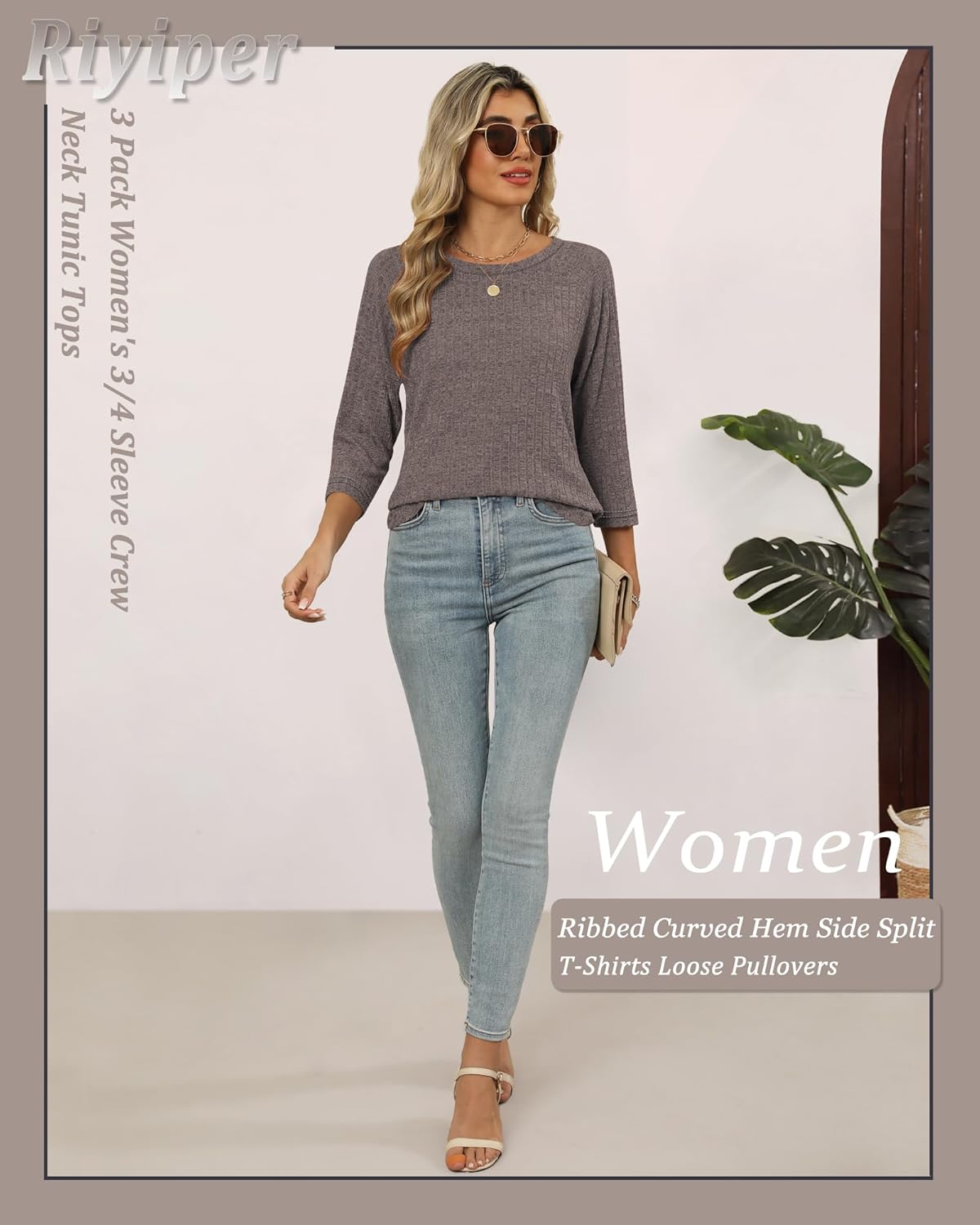 Riyiper 3 Pack Women's 3/4 Sleeve Crew Neck Tunic Tops, Raglan Sleeve Ribbed Curved Hem Side Split T-Shirts Loose Pullovers - Image 6