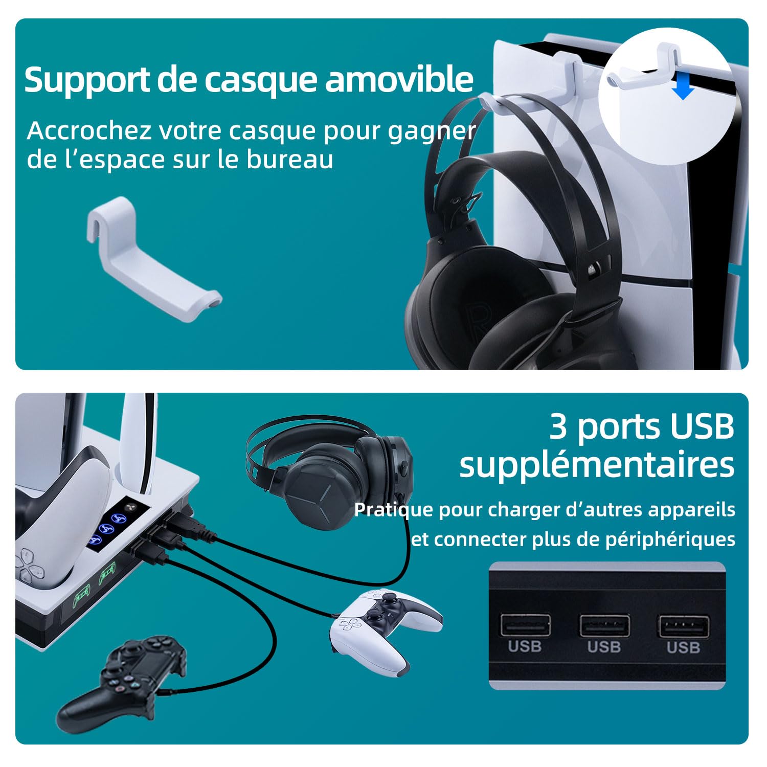 Support de Refroidissement pour PS5 Pro, PS5 Slim UHD/Digitial Edition Ventilateur Station de Refroidissement, Chargeur Manette, avec Support de Casque, 3 USB - Blanc