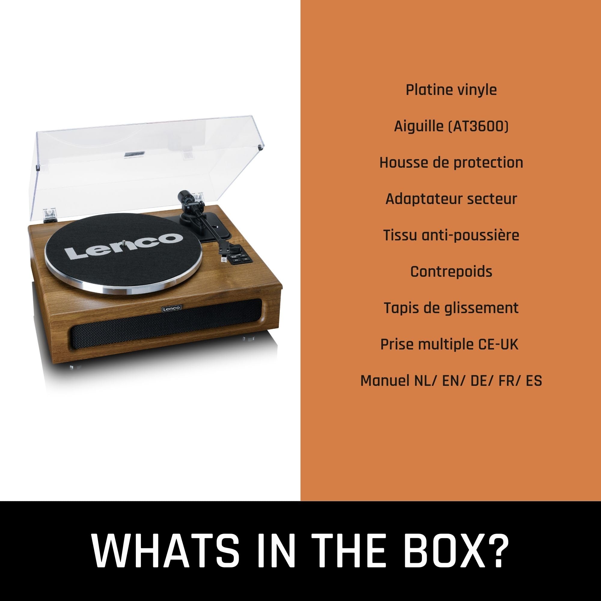 Lenco LS-410WD - Vinyle, Platine Vinyle, Tourne Disque, Lecteur Vinyle, Bluetooth - 33 et 45 - Cellule AT-3600 - 40 W RMS - 4 enceintes intégrées - Préamplificateur - RCA - AUX - Bois
