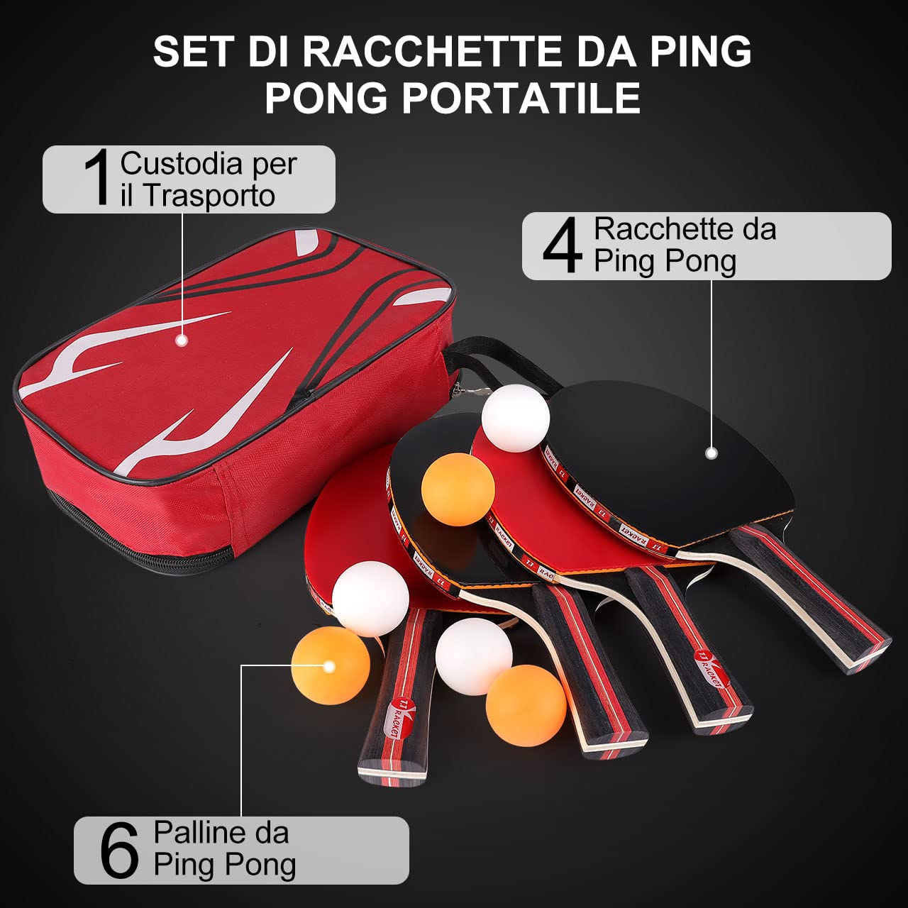 4Pack Set da ping pong, Tencoz Racchette da ping pong Set da ping pong Racchette da ping pong da allenamento Set da 4 racchette da ping pong Premium + 6 palline da ping pong + 1 borsa portatile