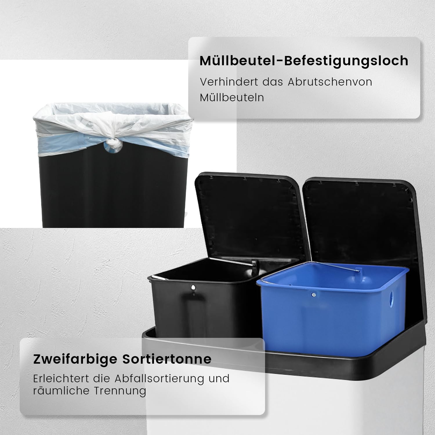 Mülleimer 60L, Mülleimer 2 Fächer 2x30L, Mülltrennsystem, Weiß