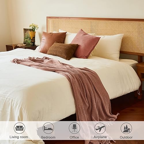 Miniatura 6 de lifein Manta para sofá, suave y bohemia, acogedora manta de felpilla de punto rosa con primavera, manta ligera de punto para regalo, cama, silla,