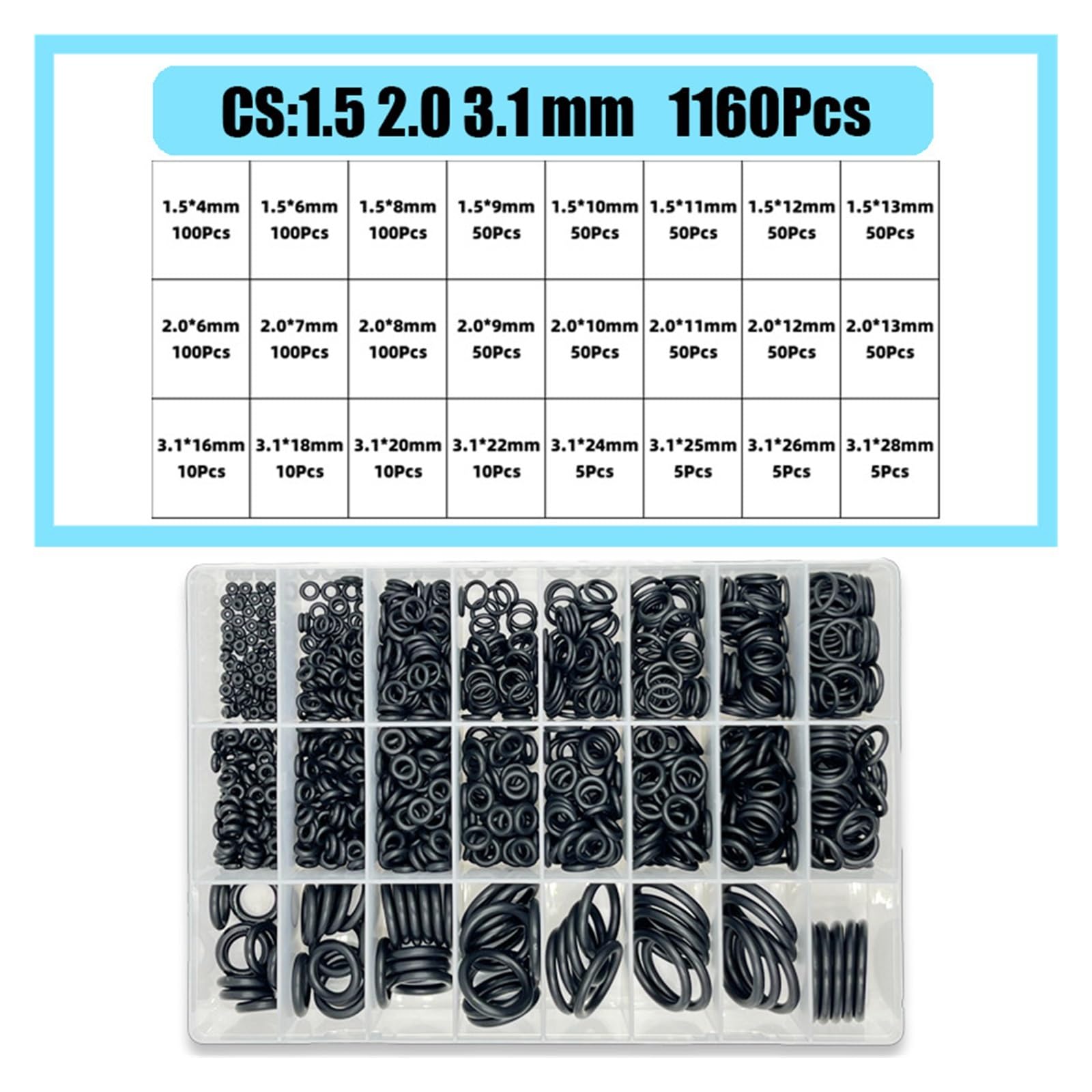 1400-100 piezas de juntas tóricas goma, juego anillos sellado nitrilo for alta presión, NBR, bandas elásticas(1160pcs mixed (1set))