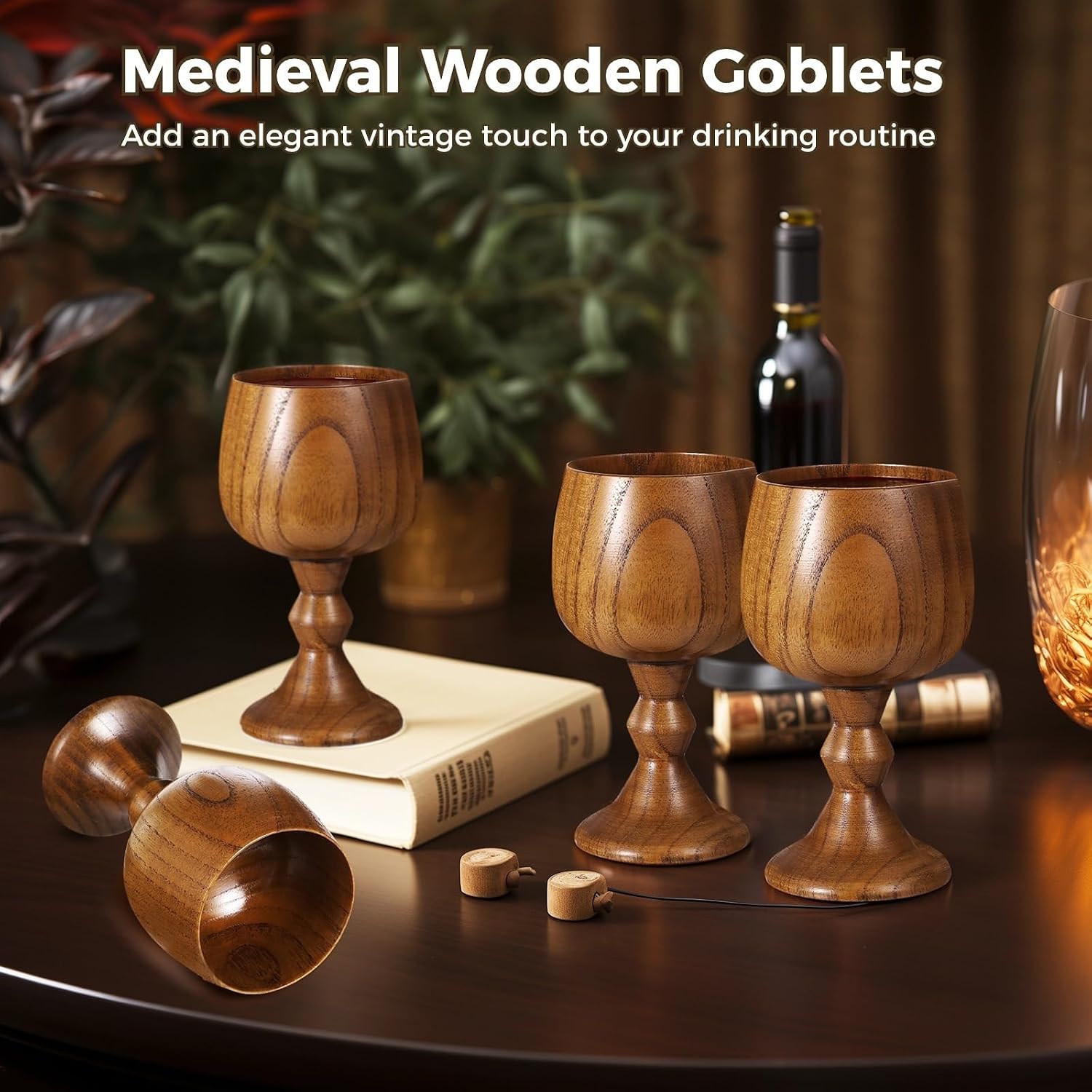 Vintage Wooden Goblets, Four Pieces Solid Wood Chalices, Medieval Drinking Cups, 5.1Oz Jujube Wine Glasses, Water Glasses Retro for Kitchen, Party