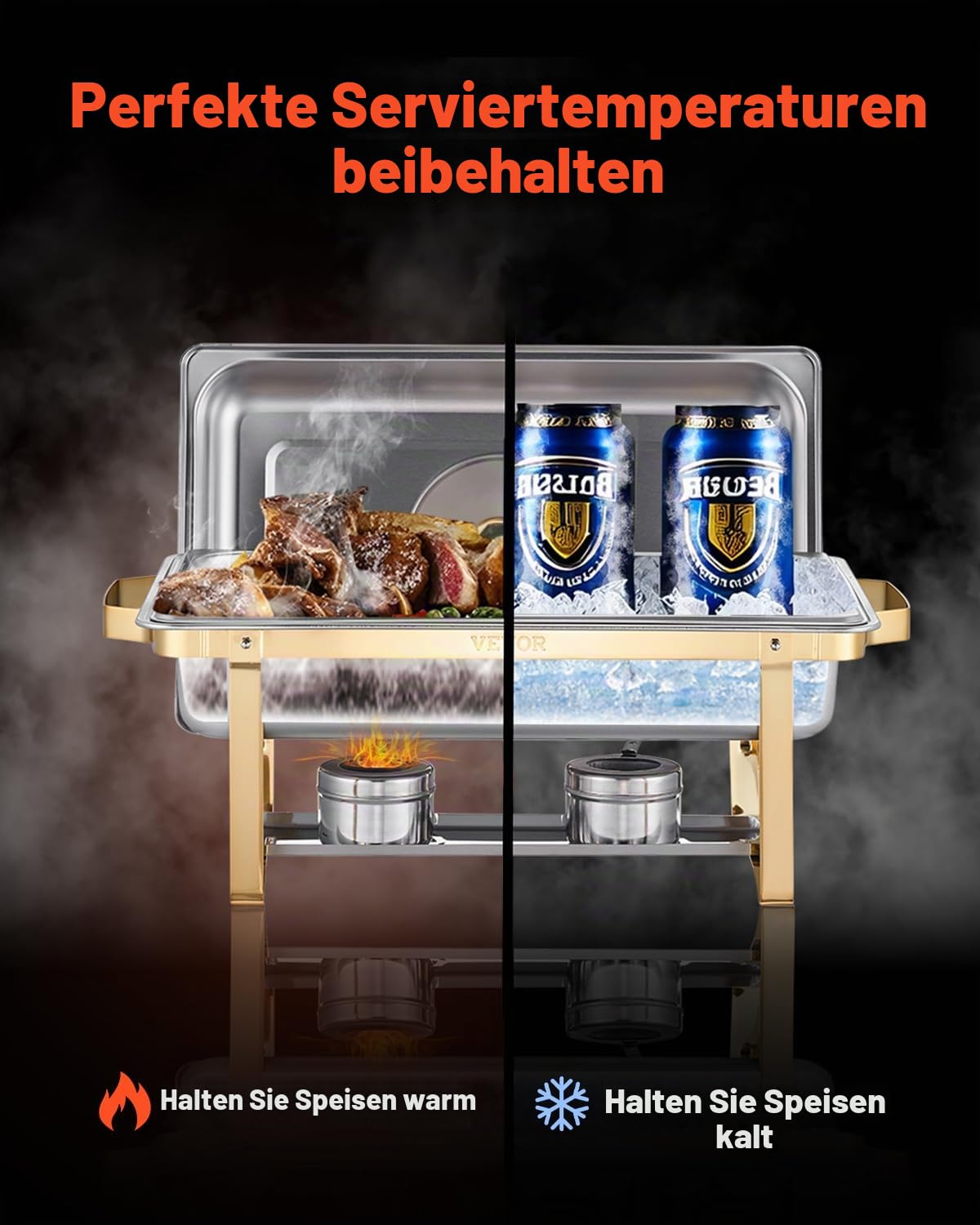 VEVOR Chafing Dish Set Speisenwärmer Edelstahl mit 4 Behältern in voller Größe (7,5 L pro), rechteckiger Wärmespender mit sichtbarem Deckel & Wasserpfannenständer & Brennstoffhalter, für Partys