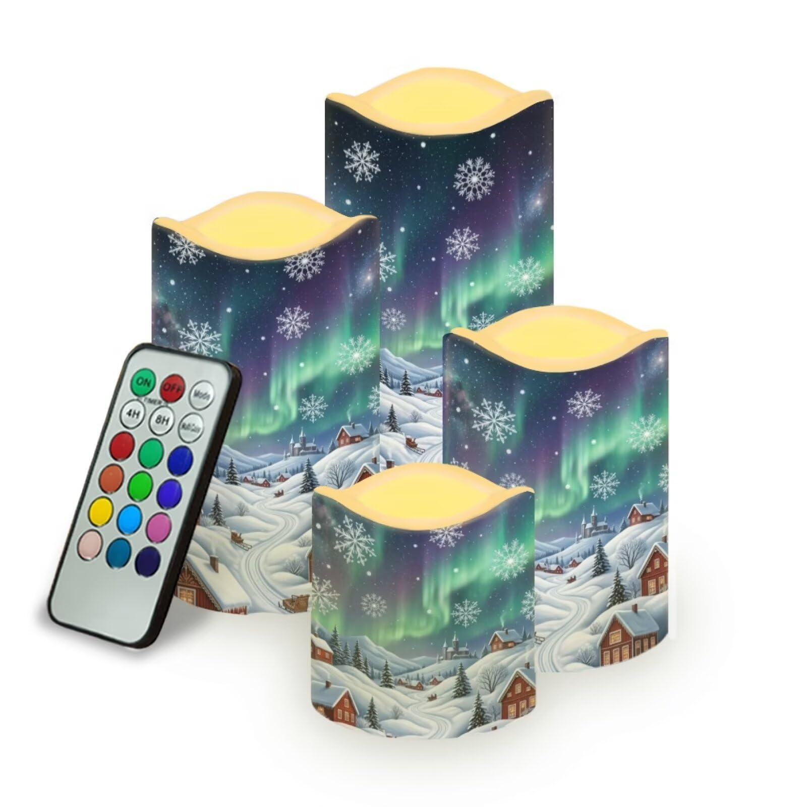 Christmas Flameless LED Candles Set of 4 | Aurora Winter Village, Xmas Flameless Candles, with Remote Flickering, LED Candles with Timer for Holiday Patio Accents