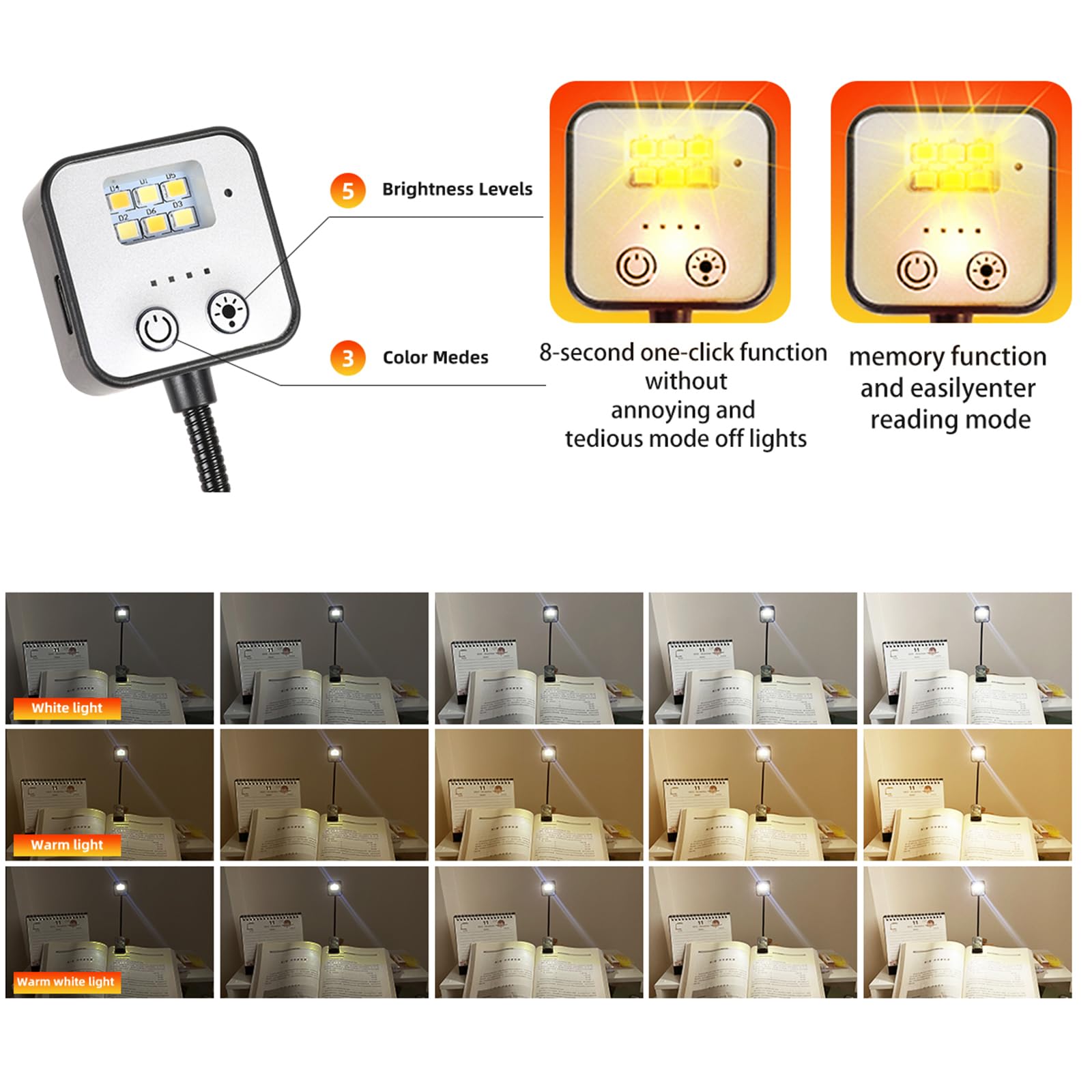 Wiederaufladbare Buchlichter zum Lesen in der Nacht im Bett, wiederaufladbares LED-Buchlicht mit Memory-Funktion, leichtes Bücherlicht, Bulk-Clip, kleine Reise-Leselampen für Buchliebhaber