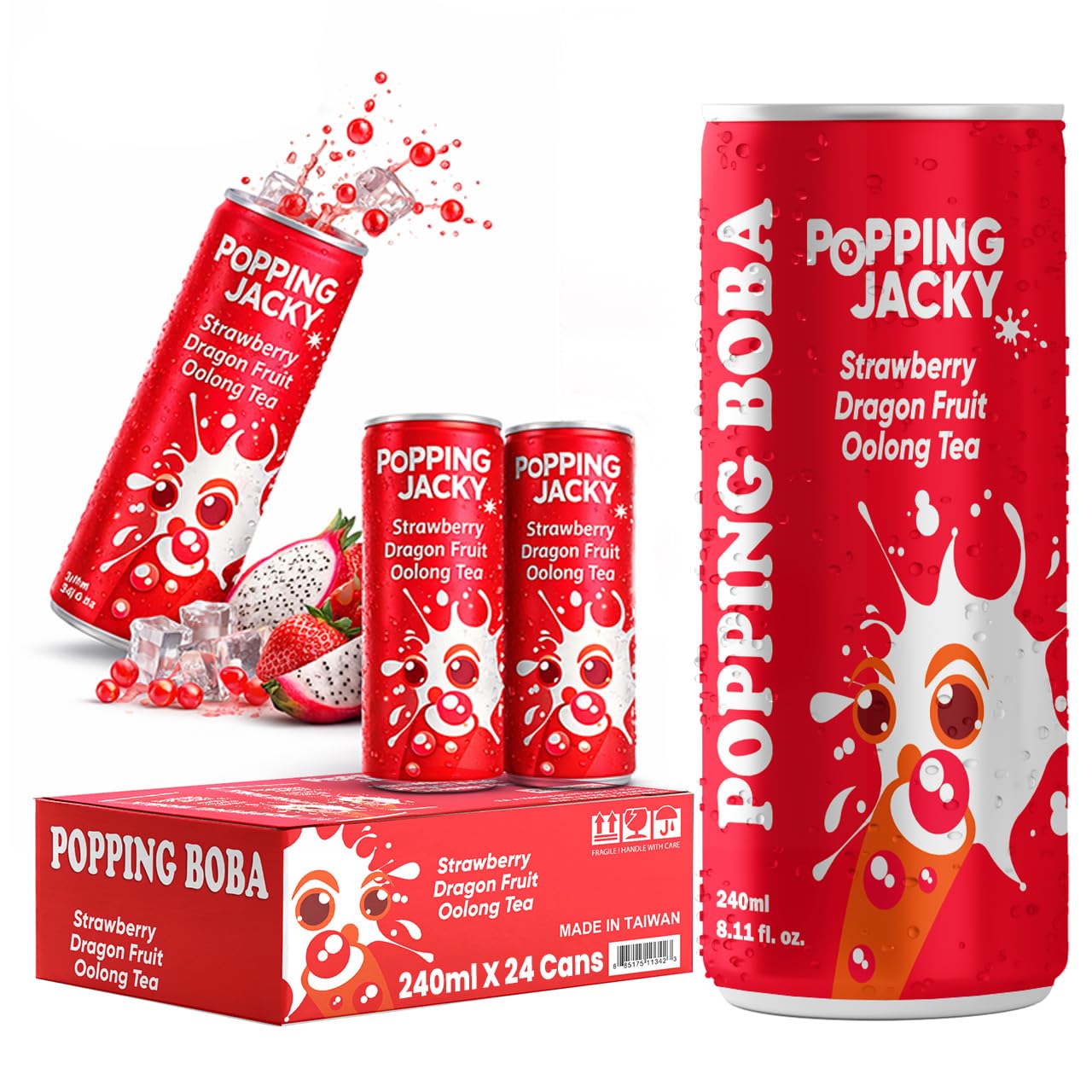 Popping Jacky Boba Tea Drink (Pack of 24) with Popping Boba Pearls - Ready to Drink Bottled Bubble Tea - Strawberry Dragon Fruit Oolong Fruit Tea - Refreshing Boba Tea