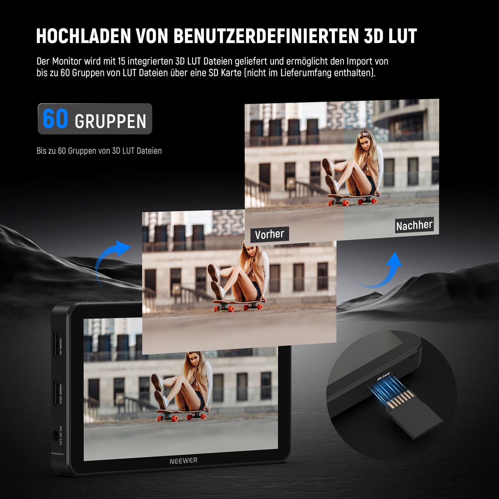 NEEWER F700 7Zoll Kamera Feld Monitor, 2000nit HD 1920 x 1080 IPS Touchscreen, 3D LUT, 4K HDMI Loop in/Out Peak Focus DSLR Video Assist HDR Waveform, Cold Shoe Mount, 2 NP-F750 Akkus, Reinigungstuch