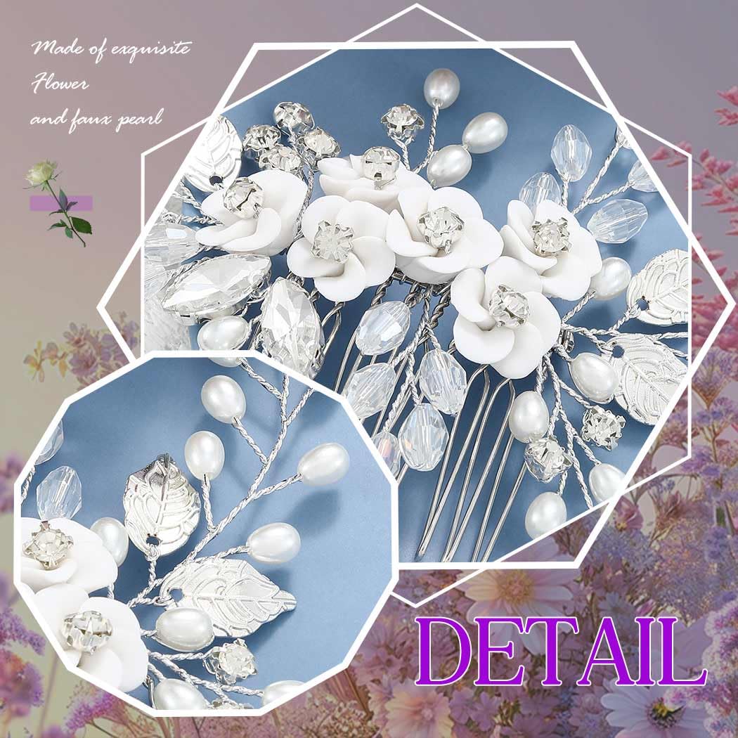 Accesorios para el pelo para novia, boda, plata, flores, peineta para el pelo, perlas, peine lateral, extensión de hoja para mujeres y niñas