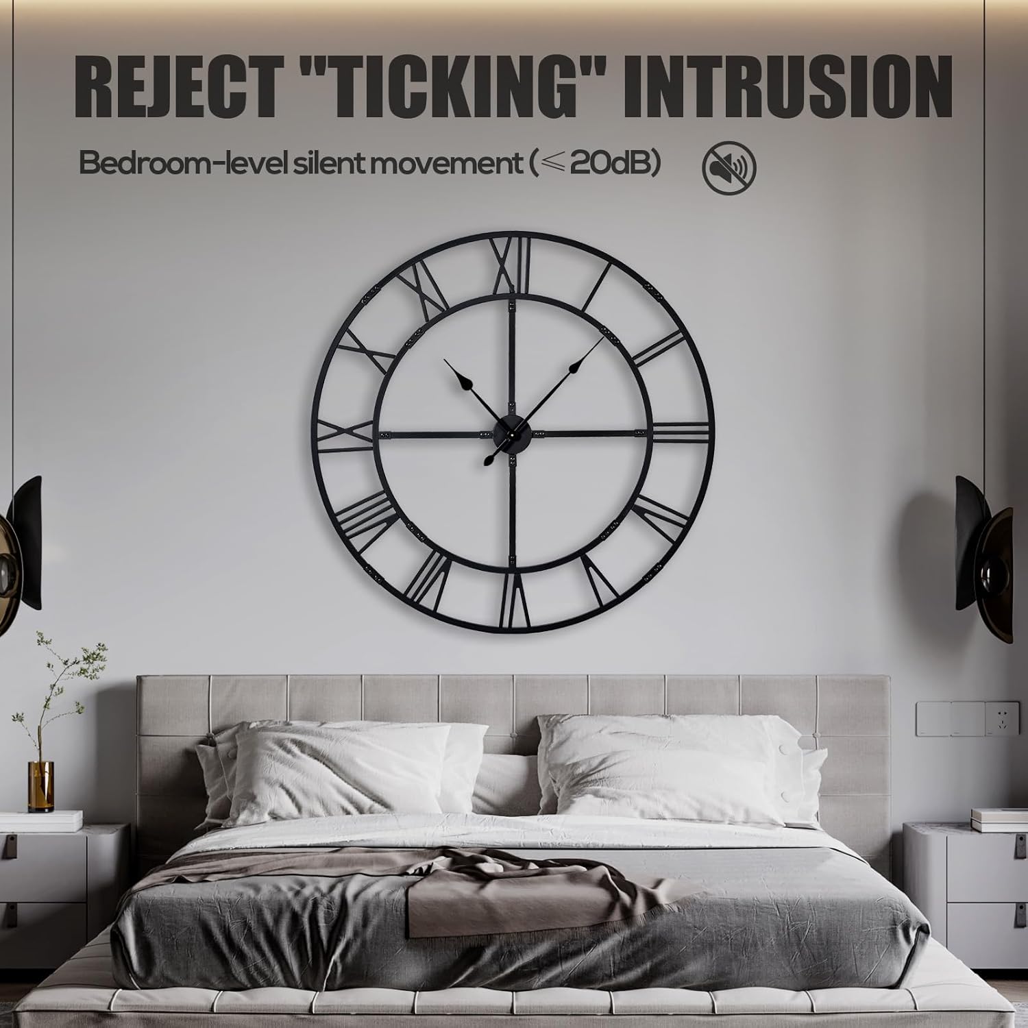 Oversized 48 inch Knocked-Down (KD) Wall Clock for Living Room Decor – Extra Large Silent Non-Ticking Modern Farmhouse Wall Clock, Decorative Metal Roman Numeral Clock, Black