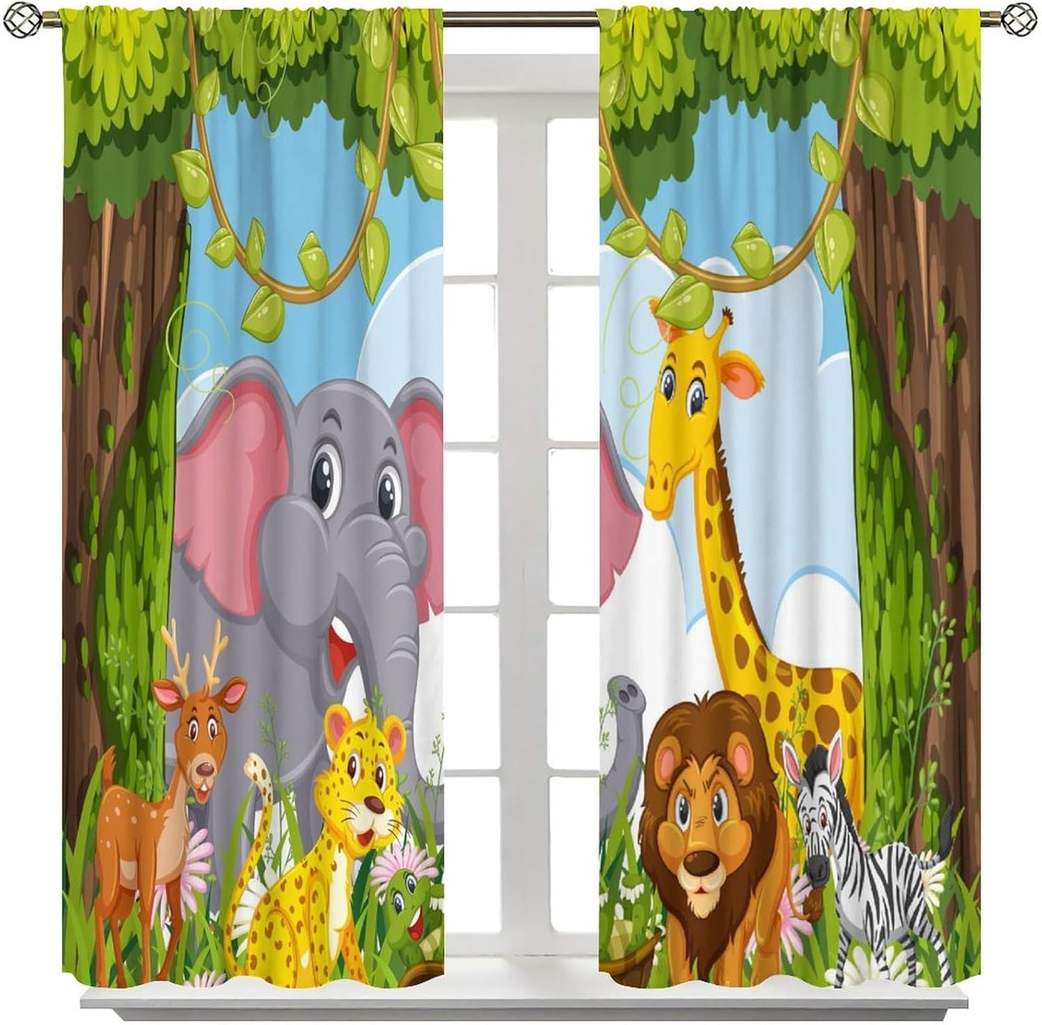 Cartoon Animal Curtains Green Bamboo Forest Jungle Safari Animal Blackout Curtains for Kids Bedroom Window Treatments Thermal Insulated Drapes, 42x45 inch